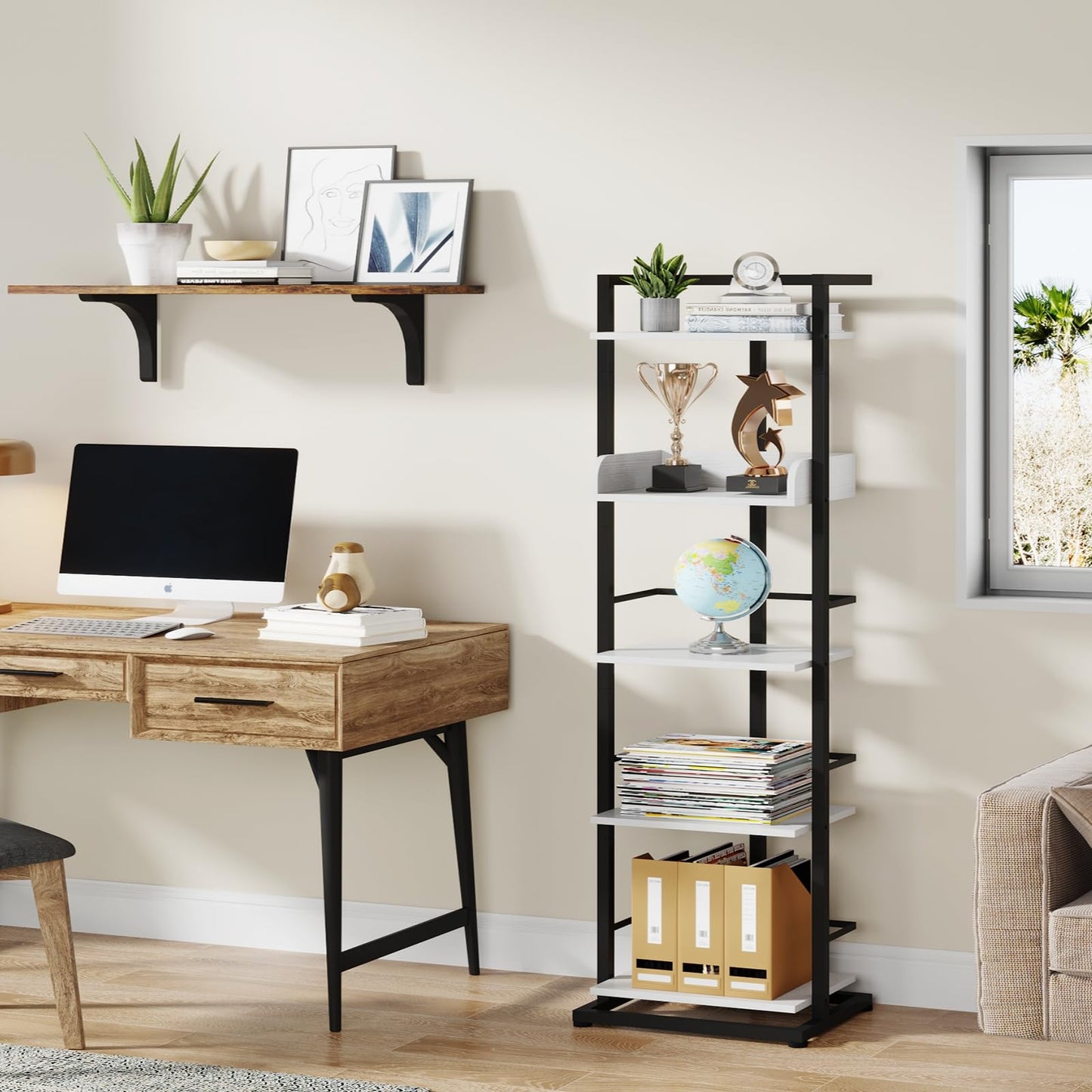 Hosfais Book Shelf Tall Bookshelf: 5 Tier Wood Bookcase with Metal Edge Protection Industrial Narrow Bookshelf Corner Storage Organizer Display Book Rack for Living Room Bedroom Office (Black White)