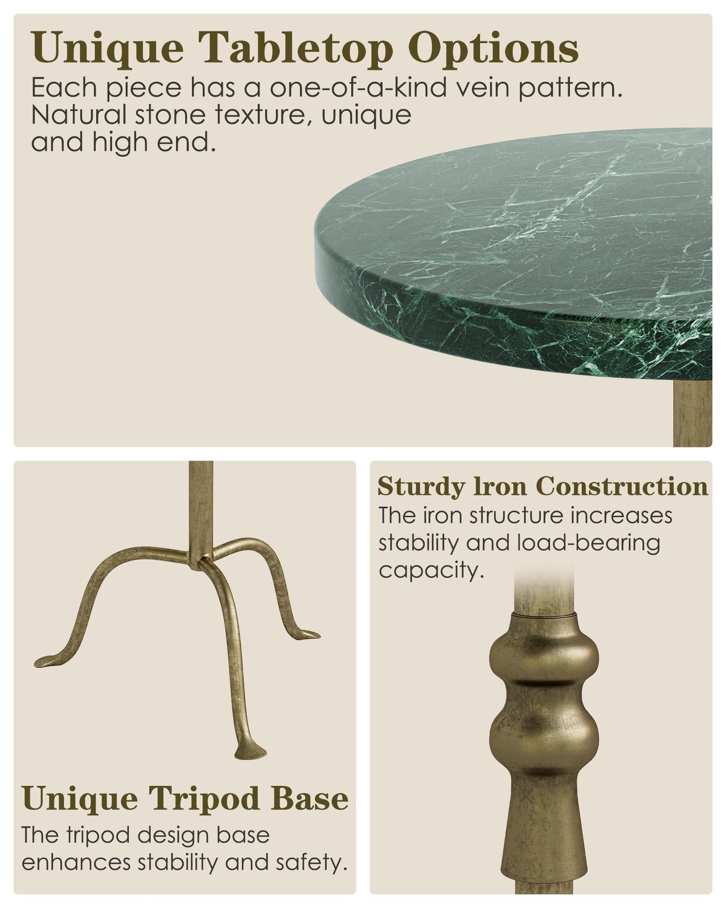 Adjustable Height Round Pedestal Table - 22-30 Inch, Modern Martini Cocktail End Table with Natural Travertine Top & Antique Brass Base for Small Spaces Living Room, Bedroom (Green Marble)