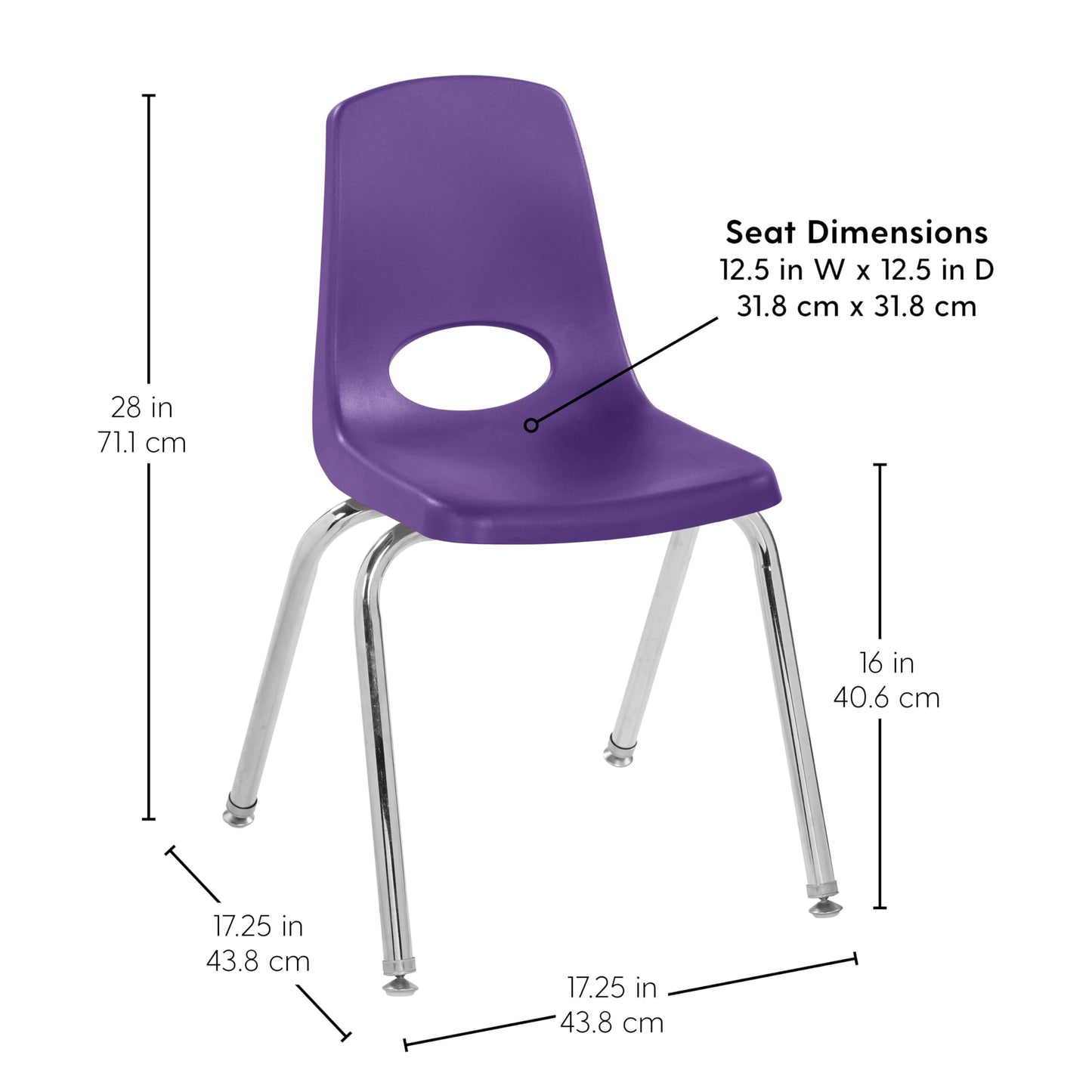 FDP 16" School Stack Chair, Stacking Student Seat with Chromed Steel Legs and Swivel Glides for Classroom, Homeschool or Office - Purple, 11560-PU