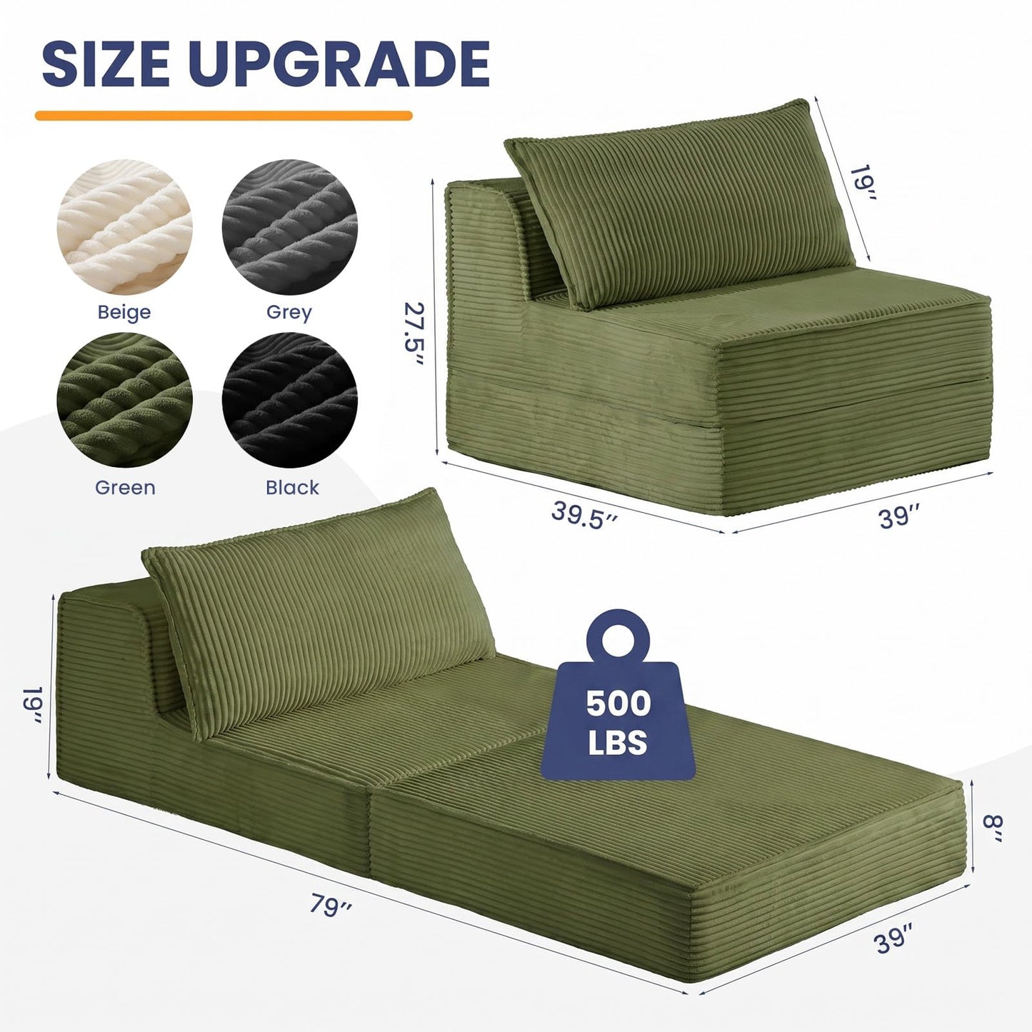 Erament Folding Sofa Bed, 8" Convertible Sleeper Sofa Fold Out Chair Bed with Pillow, Portable Floor Couch Lounge Sofa for Living Room Bedroom Guest Room, Green