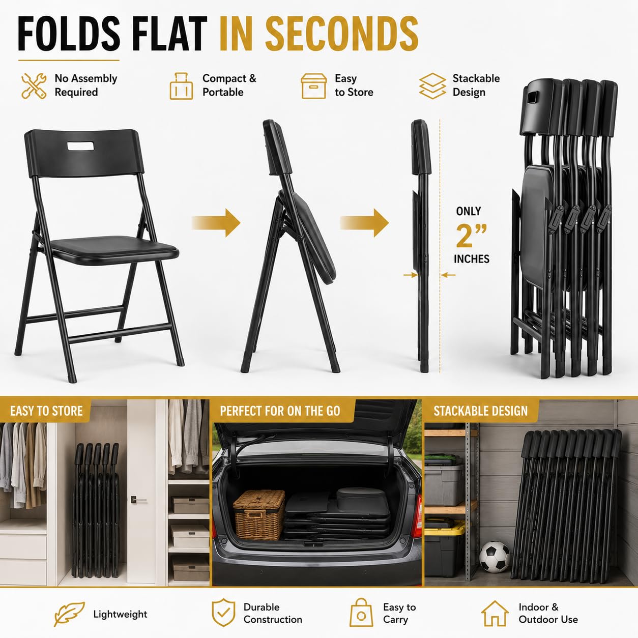 New Home Era Plastic Folding Chairs Heavy-Duty Foldable Chairs Indoor/Outdoor, Portable Dining Chair for Kitchen, Patio, Garden, Party Events – Stackable, Space-Saving Folding Chair (Black, 4 Pack)