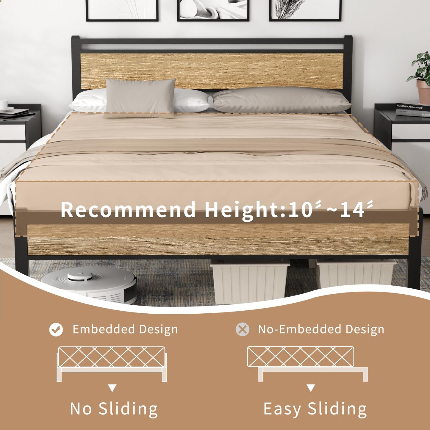 Easy Install 16 Inch Queen Size Bed Frame,Metal Platform Bed Frame with Wooden Headboard and Footboard,Mattress Foundation,Large Under Bed Storage,No Box Spring Needed,Non-Slip Without Noise,Walnut