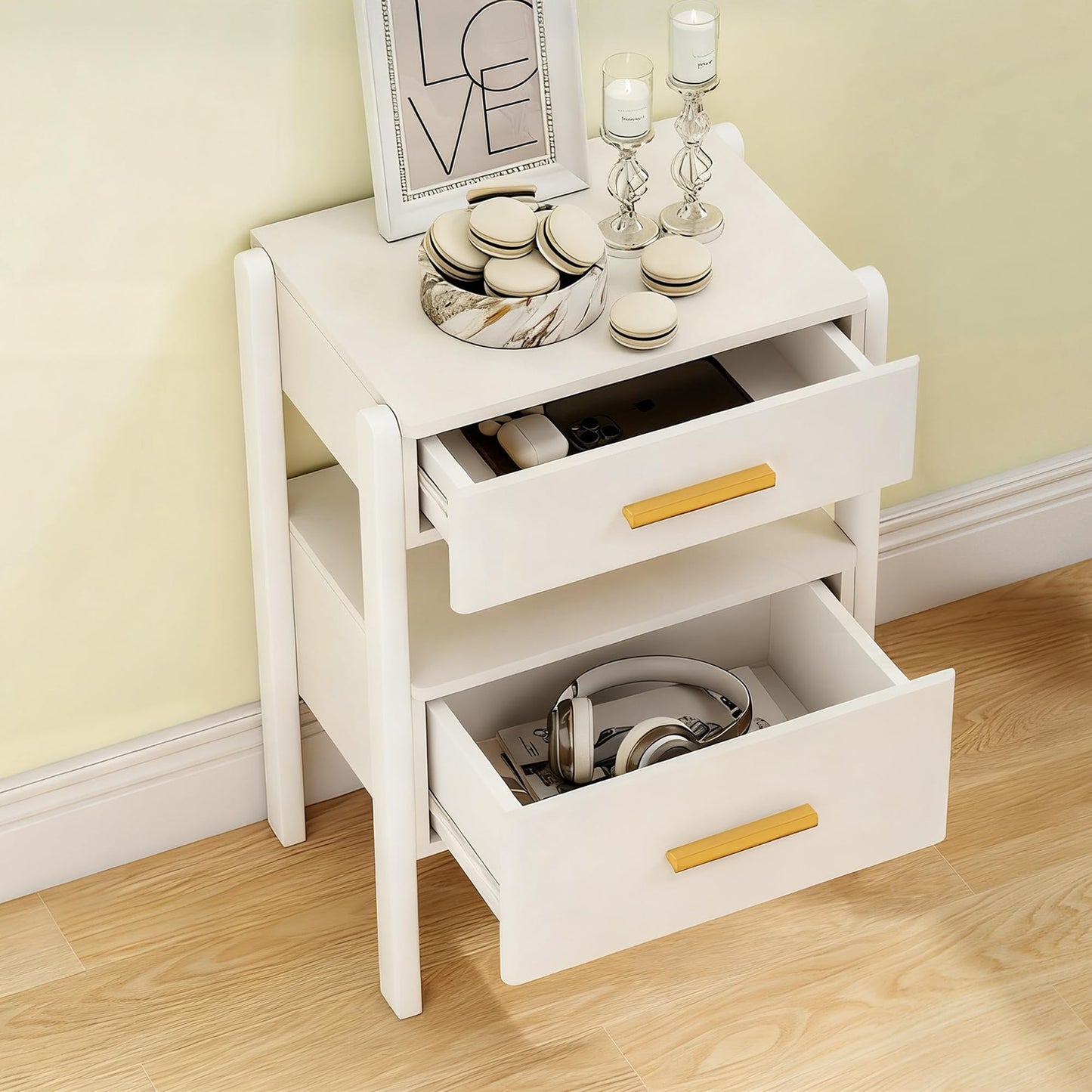 Tltaroni White Nightstand with 2 Drawers and Open Shelf Wood Bedside Table Gold Handles Storage Night Stand with Light for Bedroom