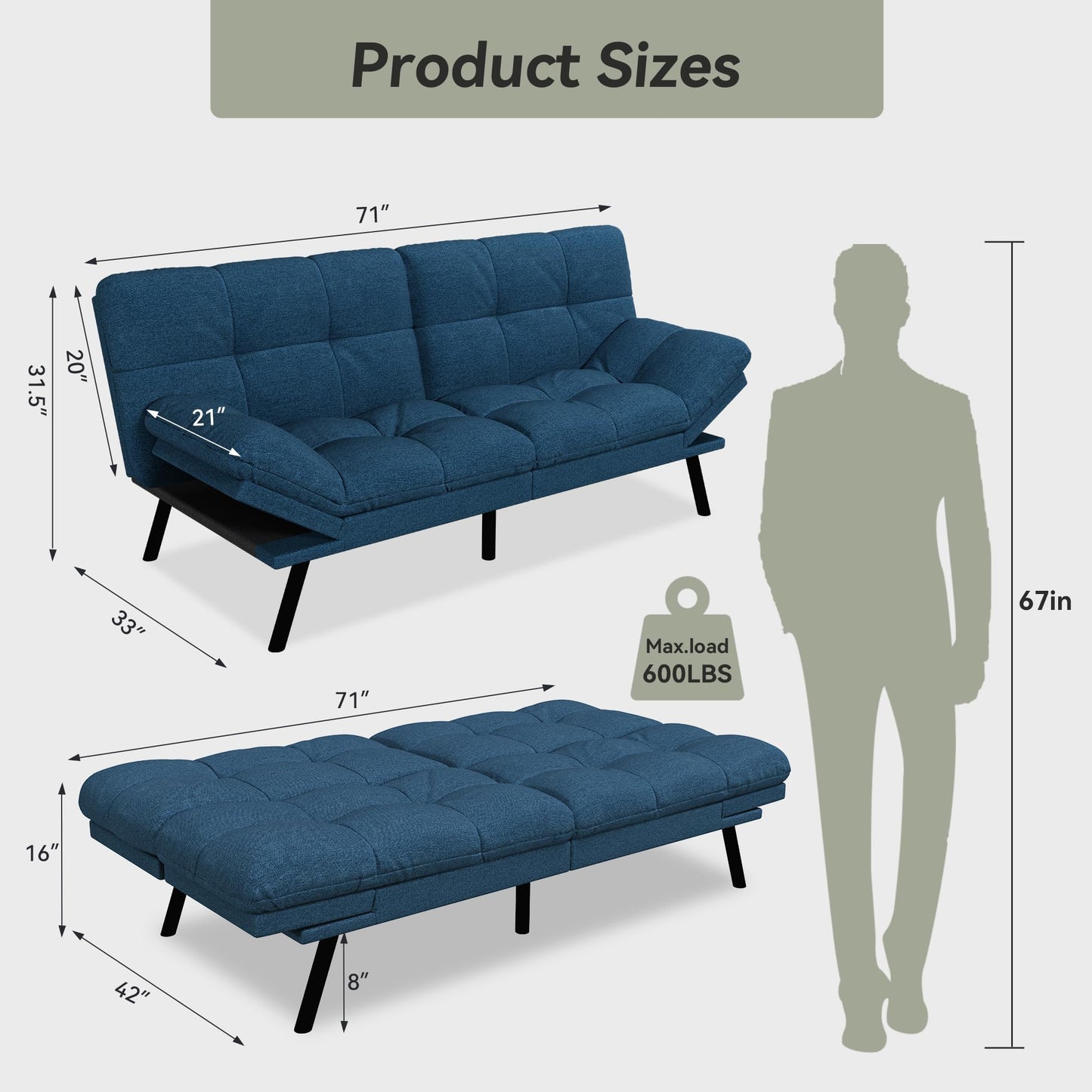 AMICLIBER Convertible Futon Sofa Bed,Blue Linen Modern Futon Couch,Memory Foam Loveseat Sleeper Recliner,Detachable Cushion,Adjustable Backrest & Armrest,Couches for Living Room,Office,Apartment