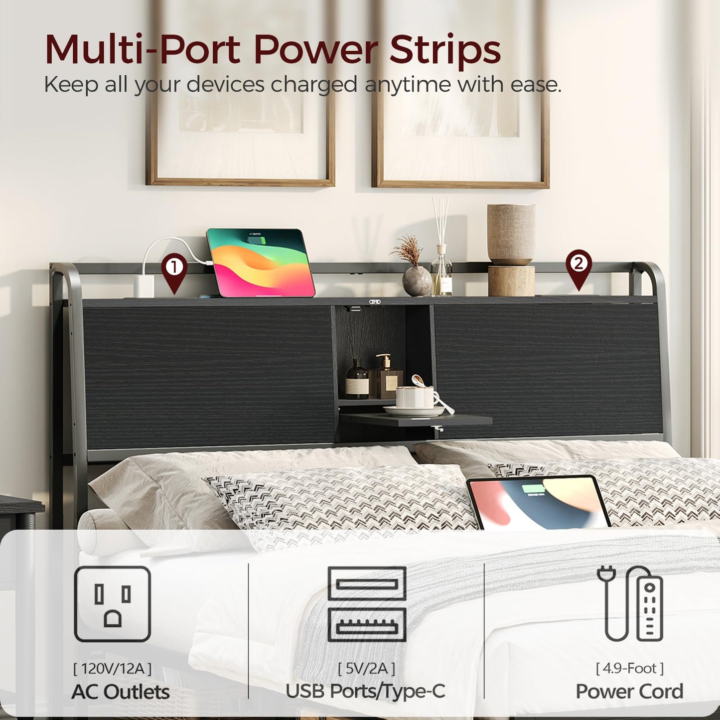 MAHANCRIS Headboard Queen Size Only, Headboard with 2 Power Strips, Industrial Head Board with Flip Door and Bed Frame Adapter, Height Adjustable, Black