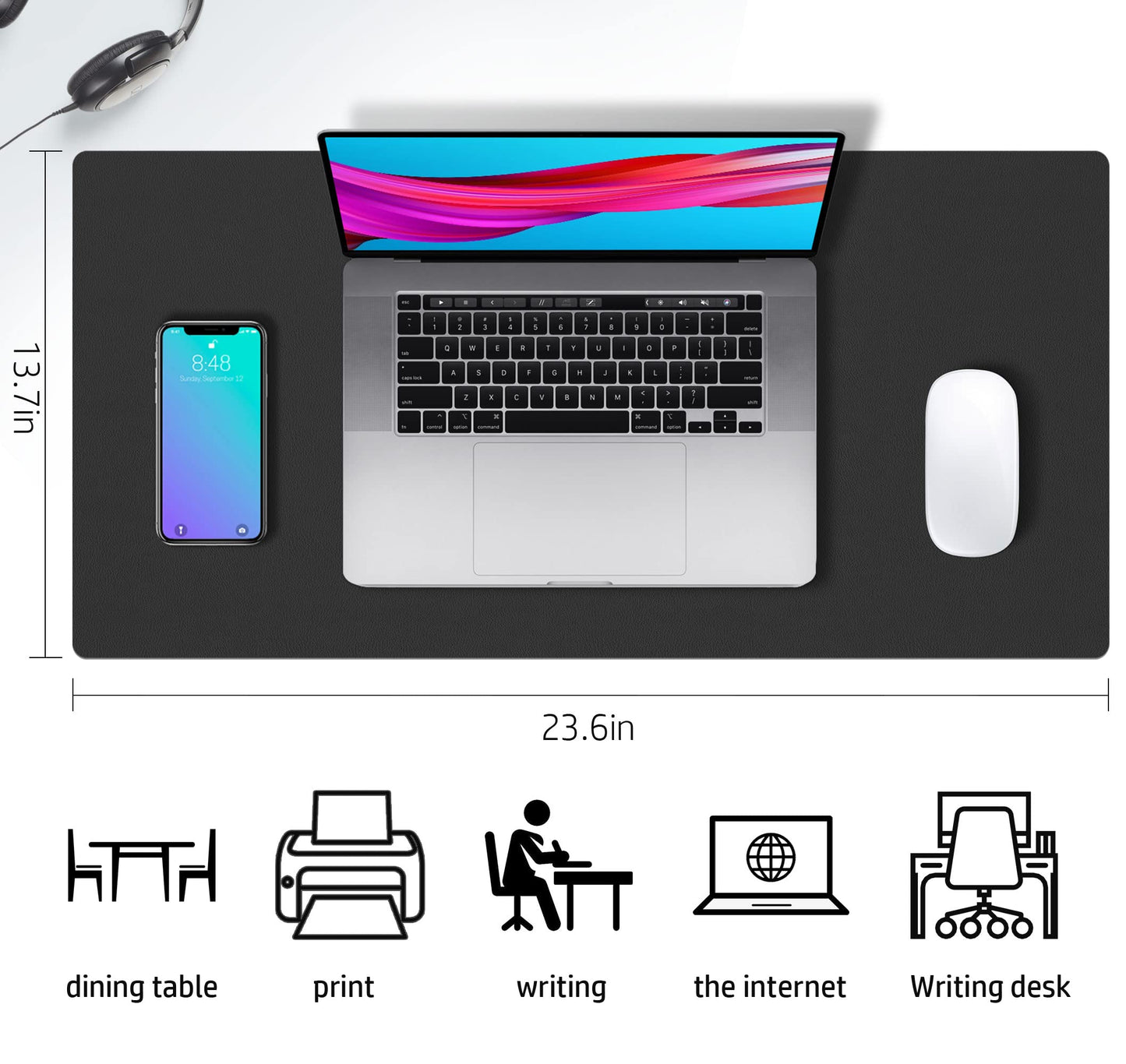 Aothia Double-Sided PU Leather Desk Pad - Non-Slip Large Mouse Pad & Desk Mat for Office, Home - Waterproof, Easy to Clean, Durable Dual-Sided Surface (23.6"x13.7", Black)