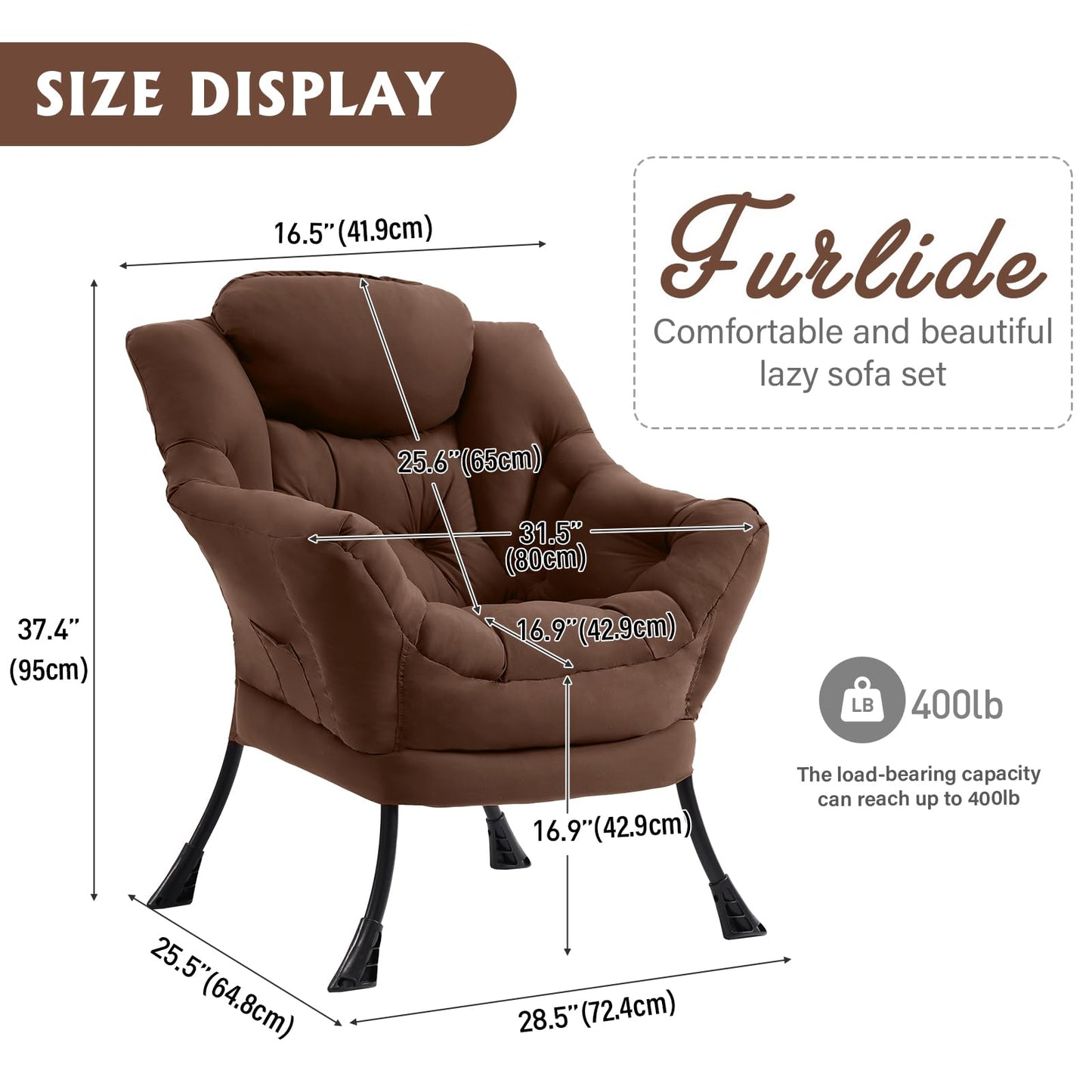 Furlide Lazy Chair for Living Room, Modern Accent Chairs with Armrests, Dark Brown Armchairs with Side Pocket, Cozy Lazy Sofa for Reading, Balcony, Bedroom, Dorm, Small Spaces