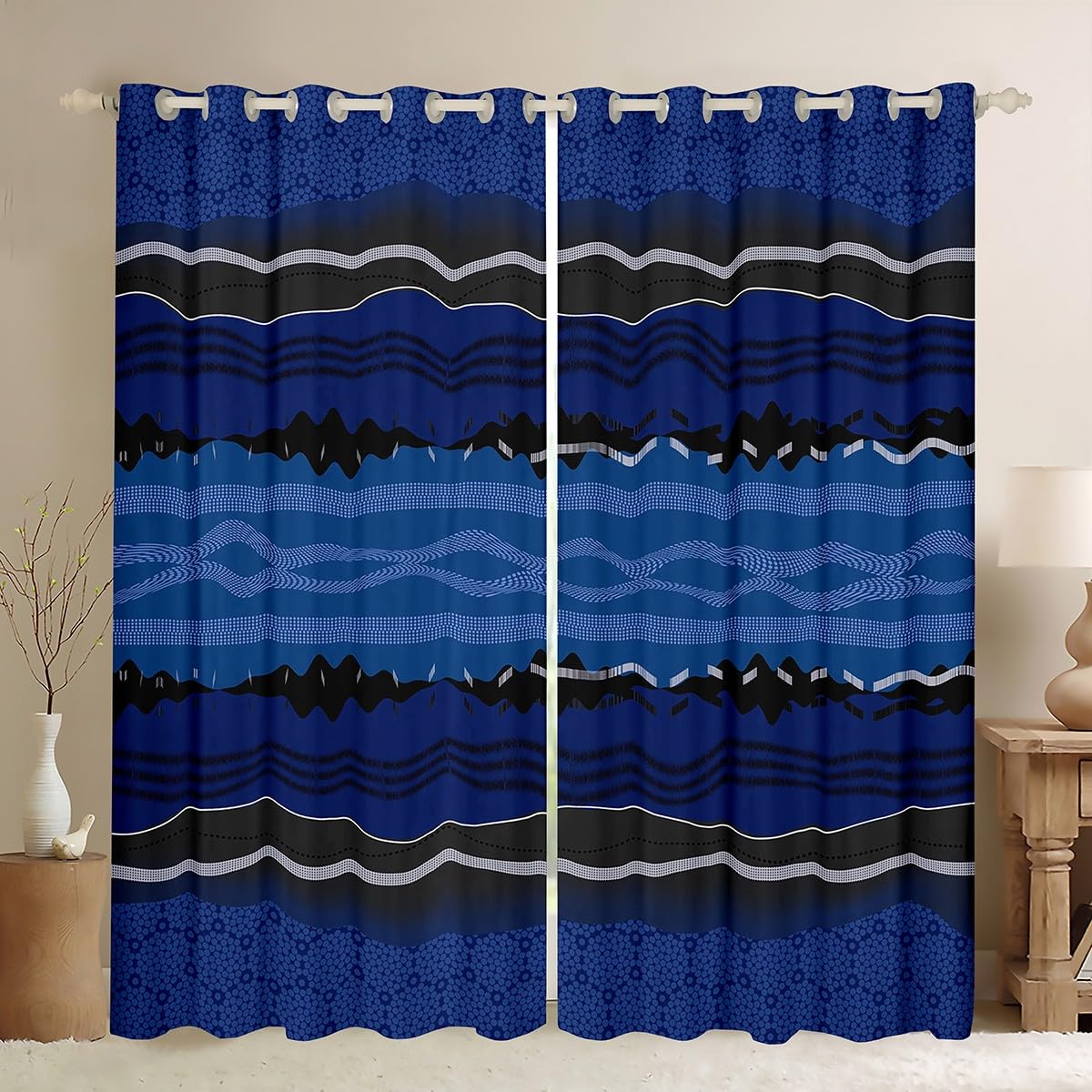 Feelyou Abstract Stripe Blackout Curtains Blue Abstract Stripe Darkening Drapes for Bedroom Living Room Decor Geometric Thermal Insulated Shades Window Treatments, 2 Panels 38 x 45 Inch