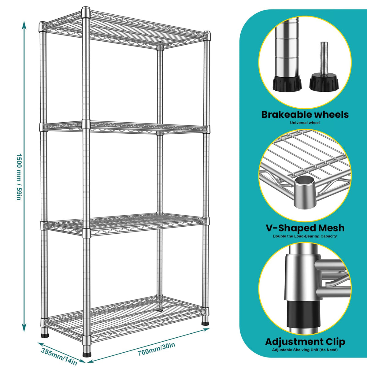 4-shelf Metal Wire Shelving Unit Heavy Duty Storage Shelves Adjustable Steel Shelf Wire Rack 2200LBS Metal Flower Stand Laundry Shelf organization for Garage Pantry Warehouse 13.8"Dx30"Wx59.06"H