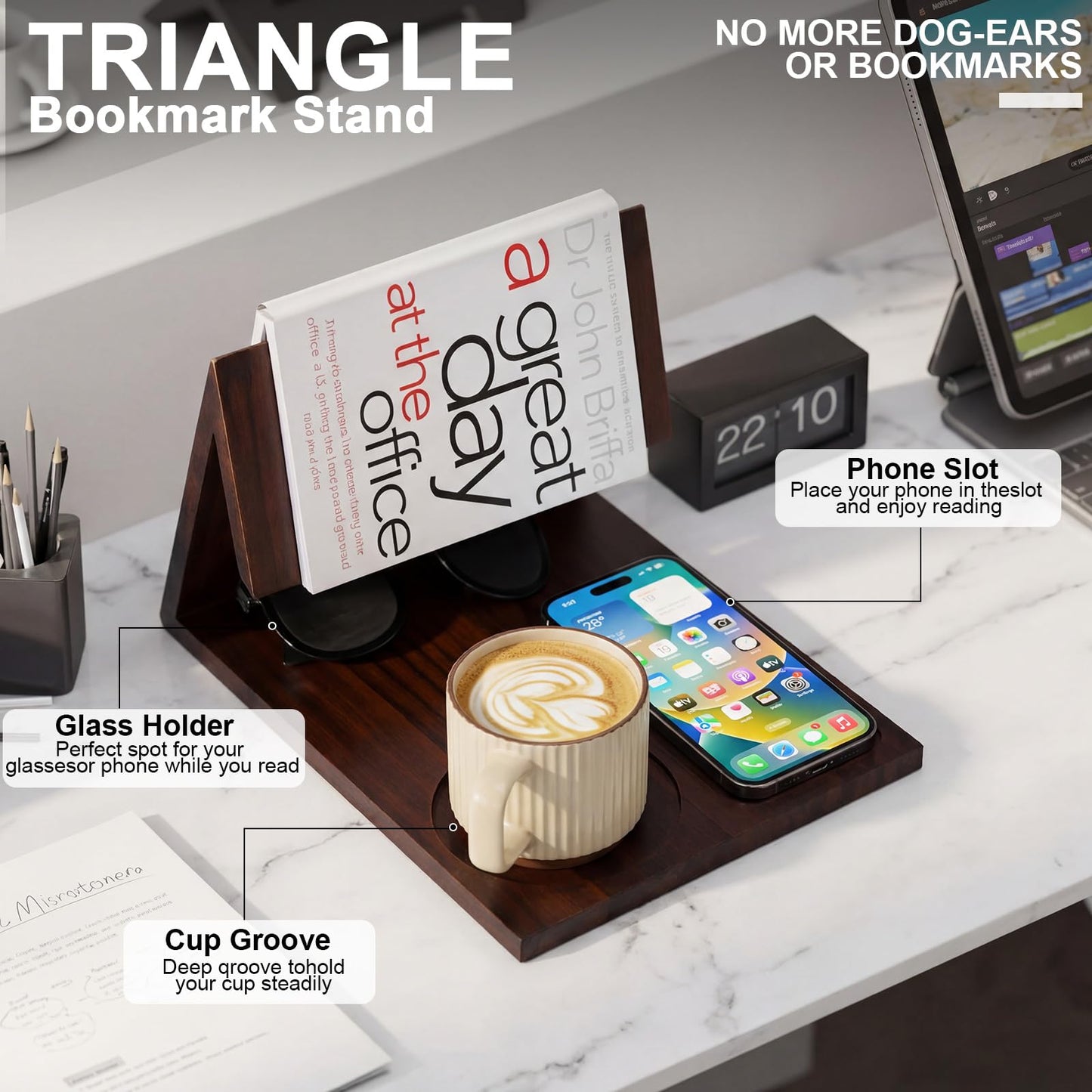 Triangle Book Holder Triangle Wooden Bookholder with Cup Stand Phone Glasses Holder Reading Valet Bookholder for Bedroom, Nightstand or Office Desk, Back to School Gift for Teacher, Book Lover