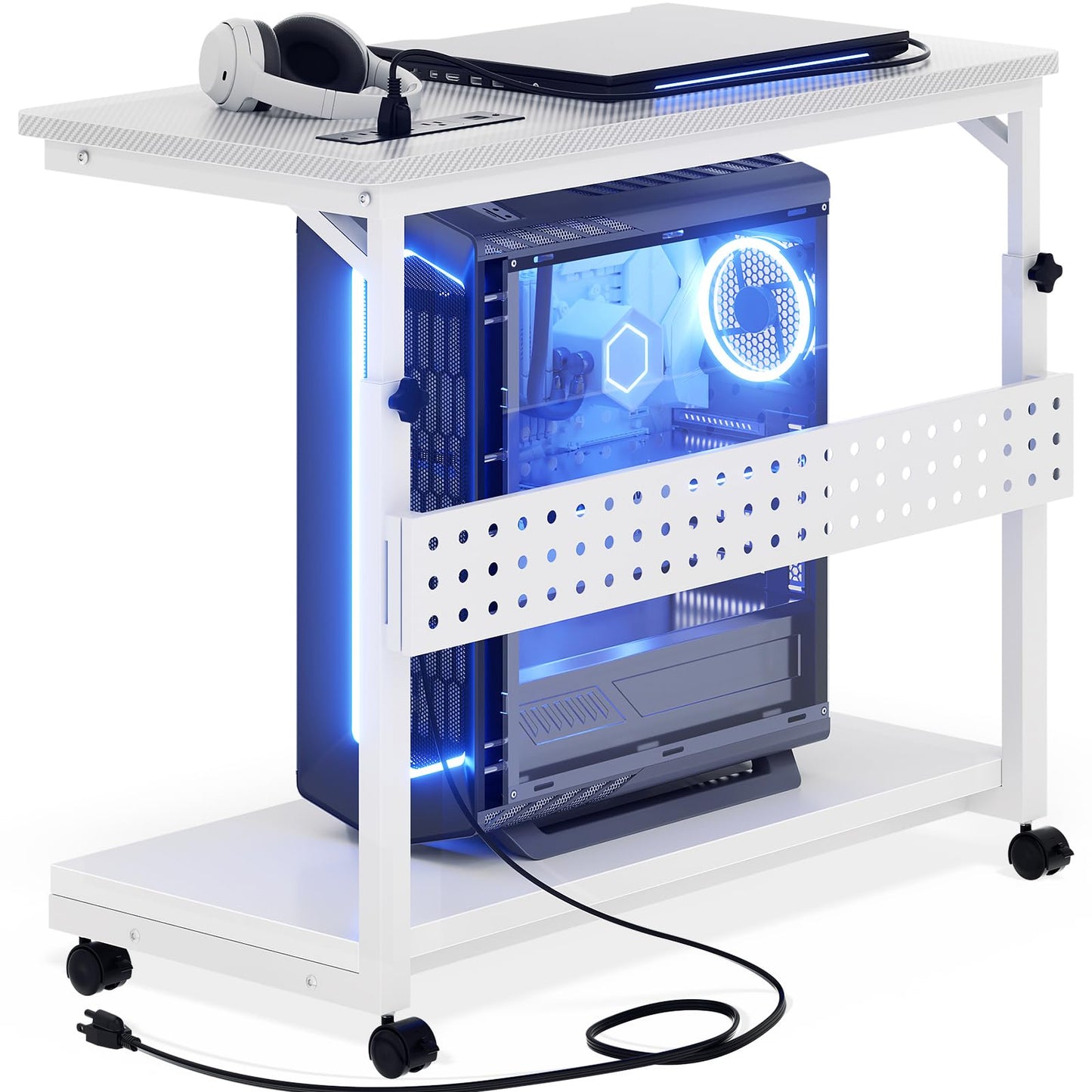 Besiost 32" Large Computer Tower Stand with Power Strips, 4 Levels Manual Height Adjustable PC Tower Stand for Under Desk, Mobile Rolling CPU Holder Computer Cart with Wheels, Carbon Fiber White