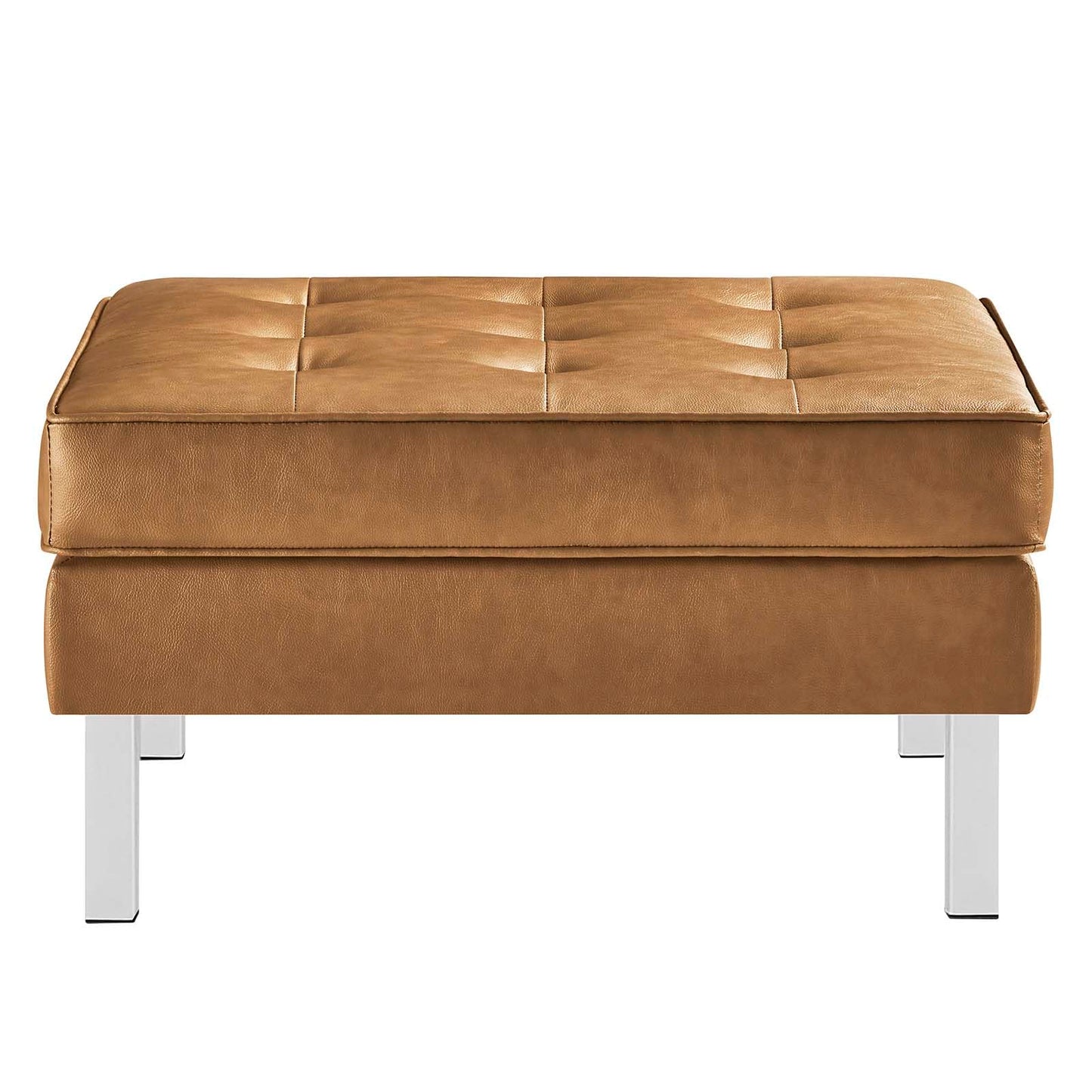 Modway Loft Tufted Button Faux Leather Upholstered Square Ottoman in Silver Tan