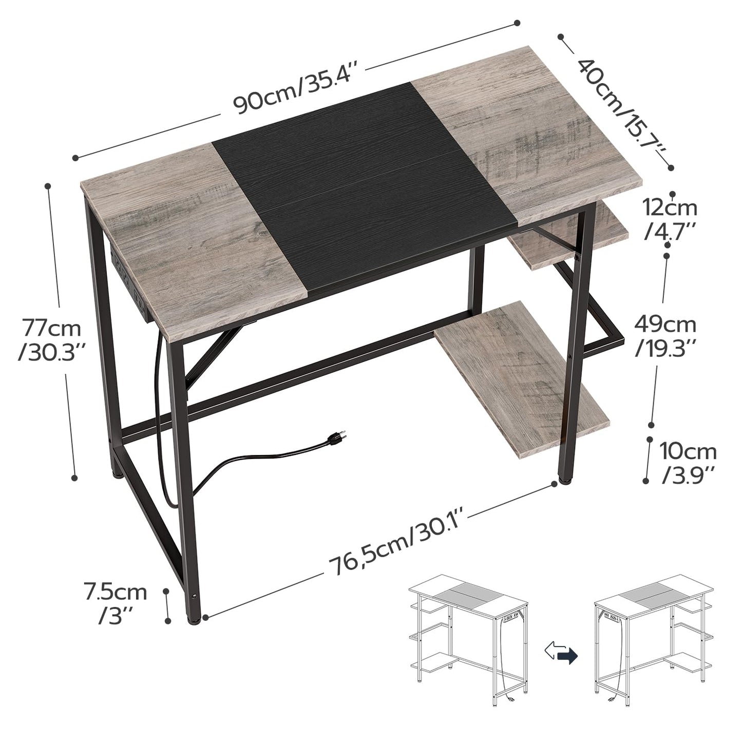 HOOBRO Small Computer Desk, Home Office Desk with Power Outlet, Writing Desk with 2 Shelves, Modern Small Desk for Home Office, Study, Easy to Assemble, Charcoal Gray and Black BG43UDN01