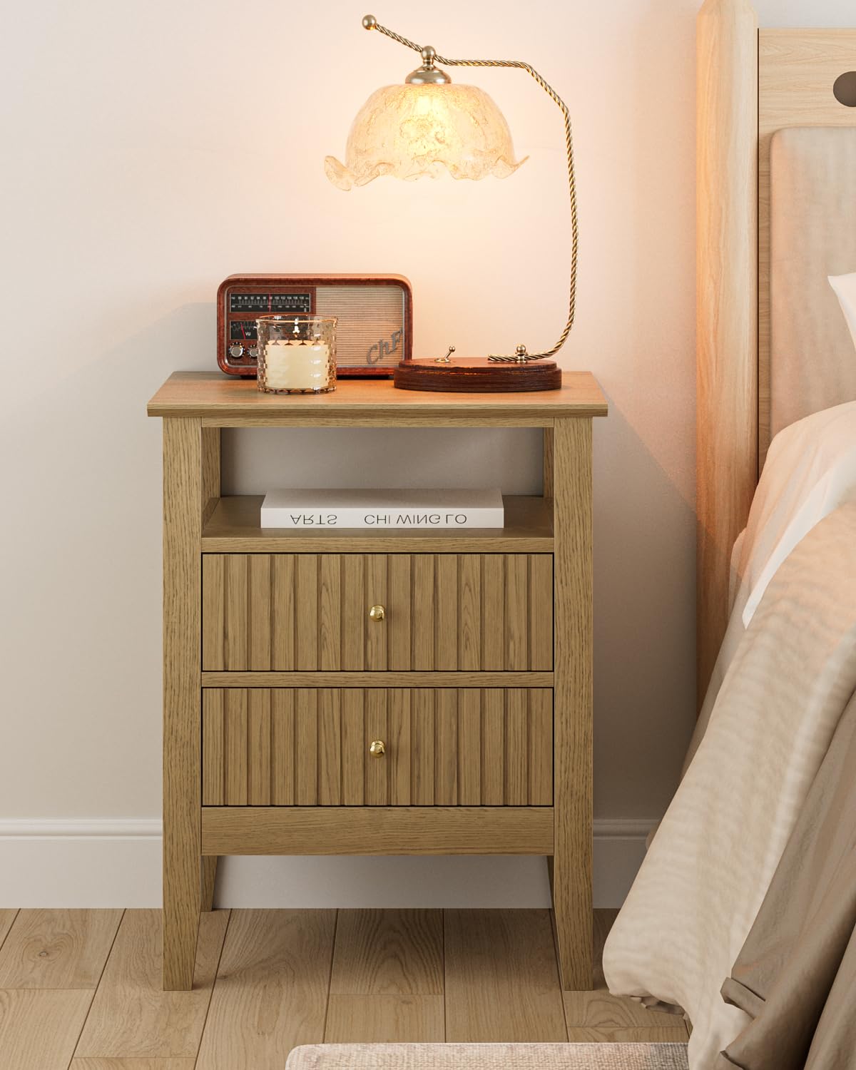 Apetaccat Fluted Nightstand, Farmhouse Night Stand with 2 Drawers, Mid Century Modern Side Accent Table,Bedside End Table for Bedroom, Living Room, Yellow Oak