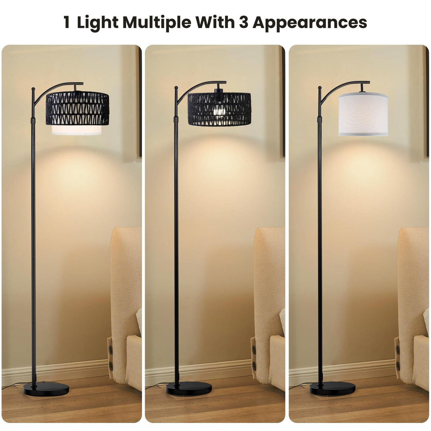 Yusist Arc Floor Lamp for Living Room,Farmhouse Floor Lamps with Remote Control & Dimmable Bulb,Black Rattan Boho Tall Standing Lamp for Bedroom Office