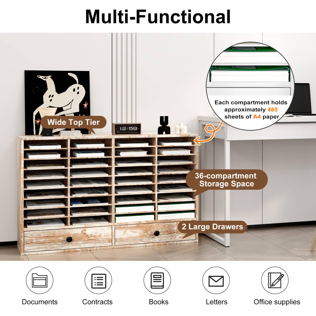 TQAVI Wood Classroom Mailbox 36 Compartments with 2 Drawer, Large Paper Organizer with Adjustable Shelves to Sorting Literature Bill, A4 Size File Organizer for Office School Home, Retro White