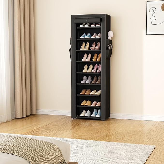 LANTEFUL Narrow Shoe Rack with Cover 10 Tier Tall Shoe Rack Organizer Large