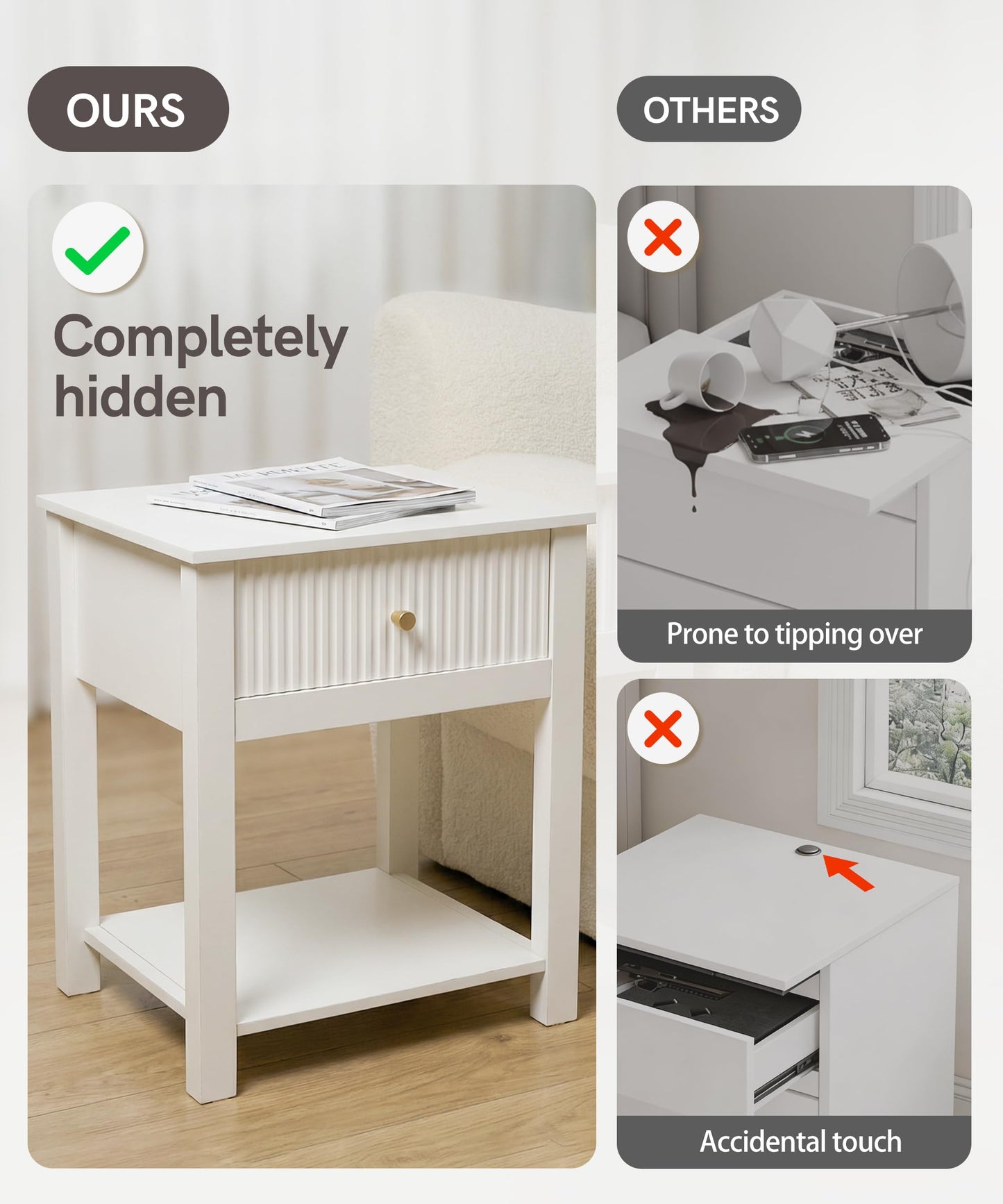 Aylenic Night Stand with Gun Drawer, White Wood Bedside Table, Modern Farmhouse Side Table Bedroom Gun Safe with Hidden Compartment, Handgun Safe for Nightstands Simple Aesthetic End Table