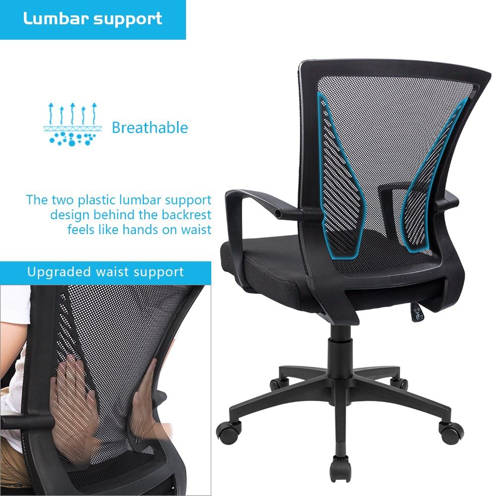 Furmax Office Chair Ergonomic Computer Desk Mesh Chair Mid Back Swivel Lumbar Support with Armrest (2, Black)