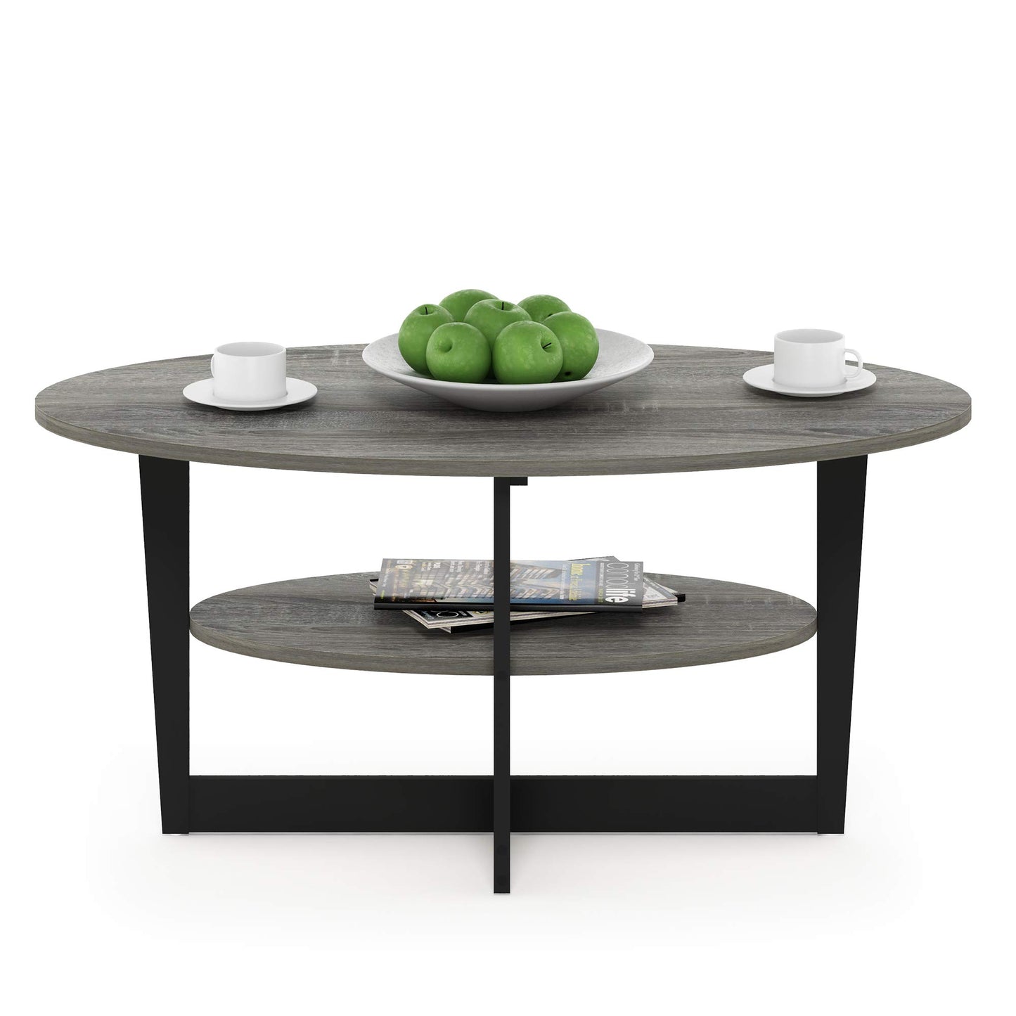 Furinno Jaya 2-Tier Round Coffee Table, Small Grey Coffee Table with Storage Shelf, Oval Center Table for Living Room, Bedroom, Home Office, Grey Oak