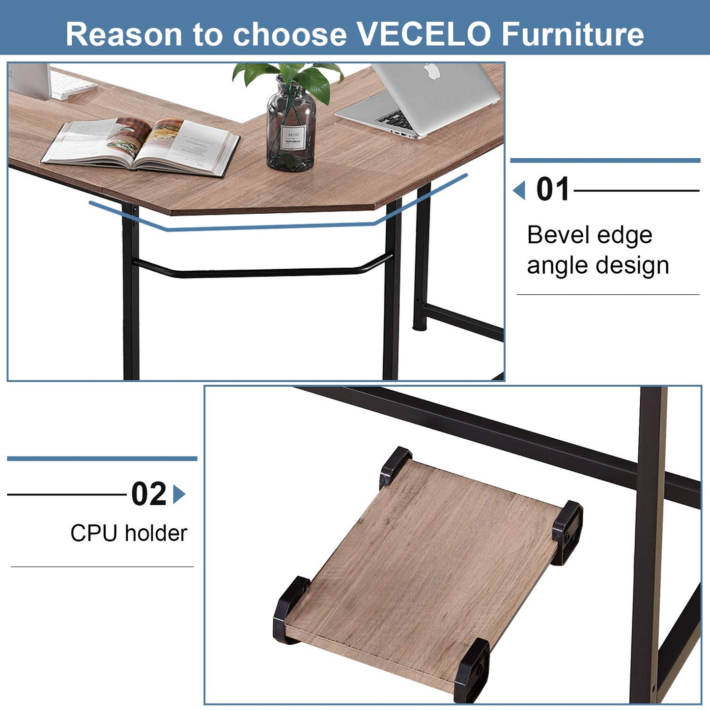 VECELO Corner Desk,Office Tables for Living Room for Small Space Triangle Computer Desk with Steel Frame Corner Shelves with Metal Frame Writing Desk for Workstation Classic White 66"