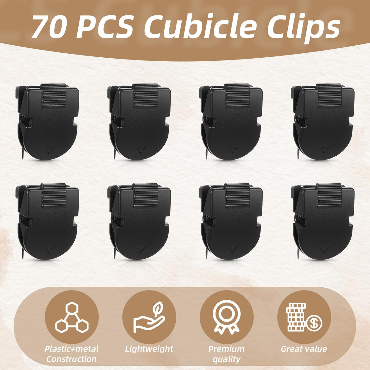 xozeooeu 70 Pcs Cubicle Clips for Fabric Walls, Black Plastic Office Partition Panel Clips with Stainless Steel Pins for Notes, Photos, and Memos (1.38” x 0.98”)