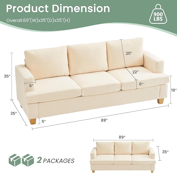 YOUDENOVA Sofa, 3 Piece Set Comfy Sofa, Loveseat & 2 3-Seater Couch