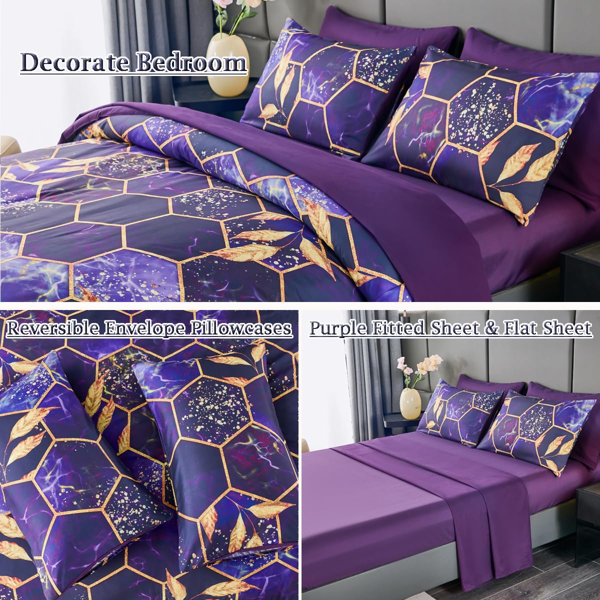 ZRNBAST 7 PC Honeycomb Purple Comforter Set with Sheets King Size Marble Comforter Bedding Sets Modern All Season Bed in a Bag for Women Men (Purple, King)