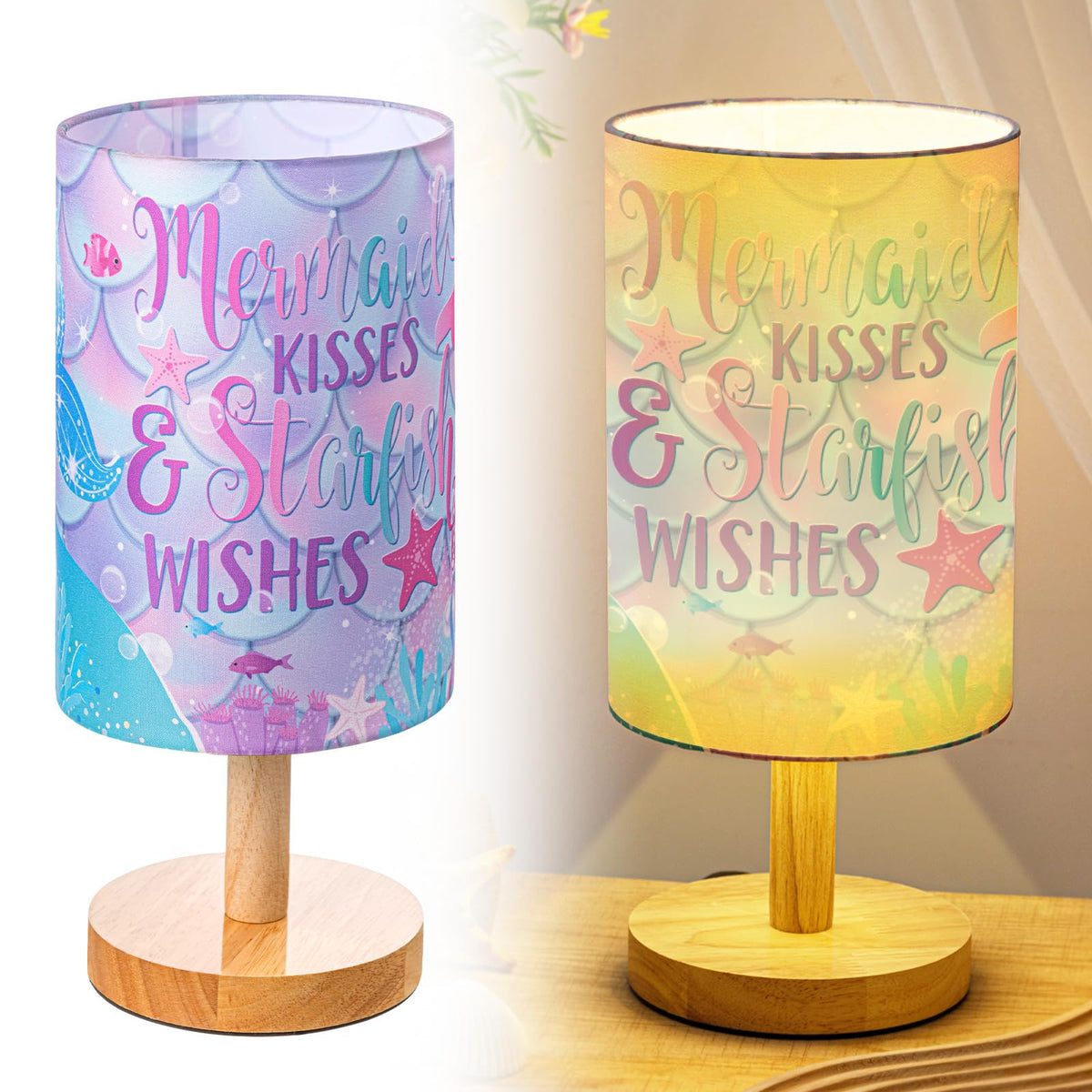 Tujoe Mermaid Lamps Summer Ocean Fabric Nightstand Table Lamp Purple Desk Lamp Bedside Gift Decor for Kids Reading Bedroom Living Room Home Christmas Gift