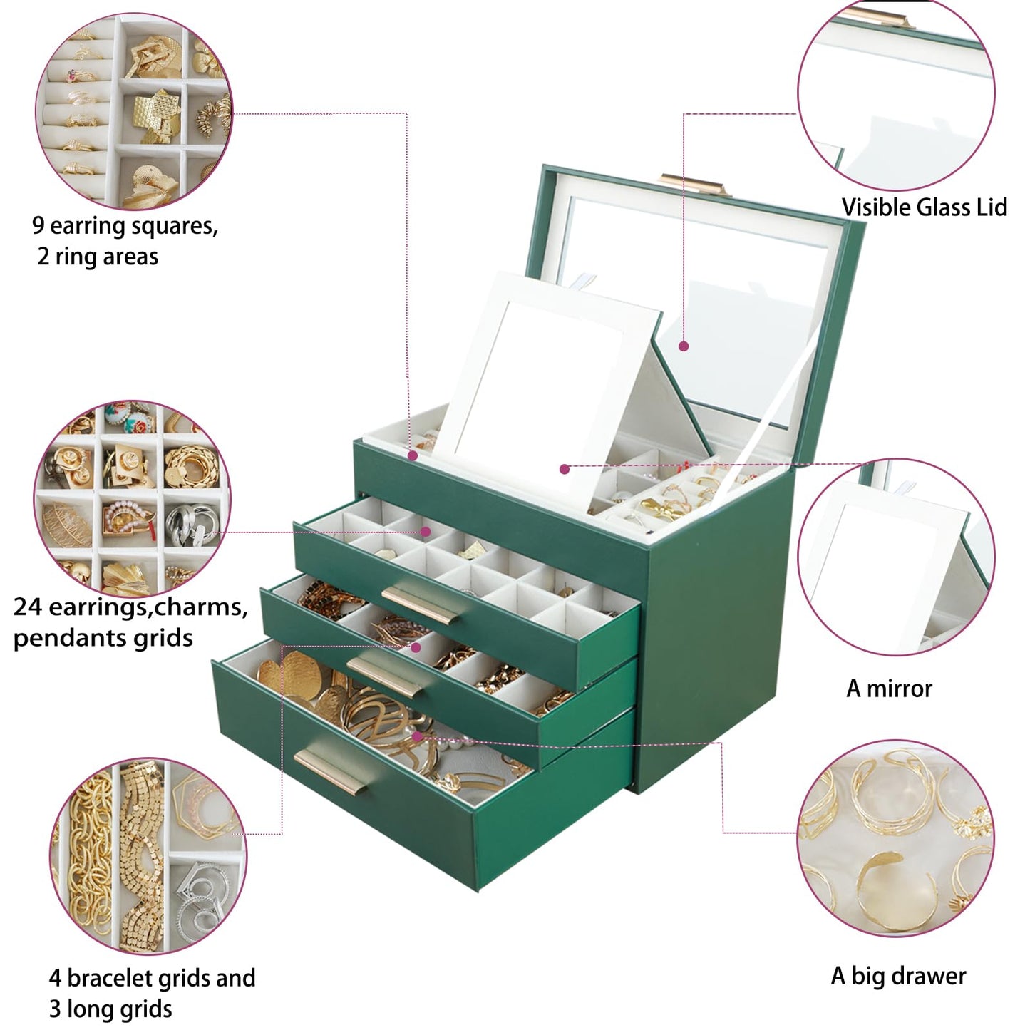 BOOVO Jewelry Boxes for Women, White and Black 6 Layer Large Jewelry Box for Necklace, Bracelet, Earrings, Rings Storage, Jewelry holder Organizer for Girls Gift (Dark Green, 4 layer)