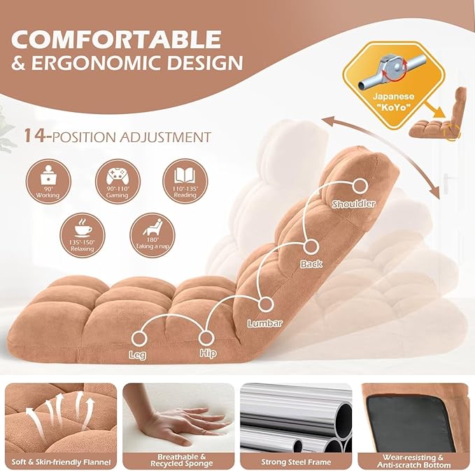 Folding Floor Gaming Chair 14-Poistion Cushioned Adjustable Floor Lazy Sofa