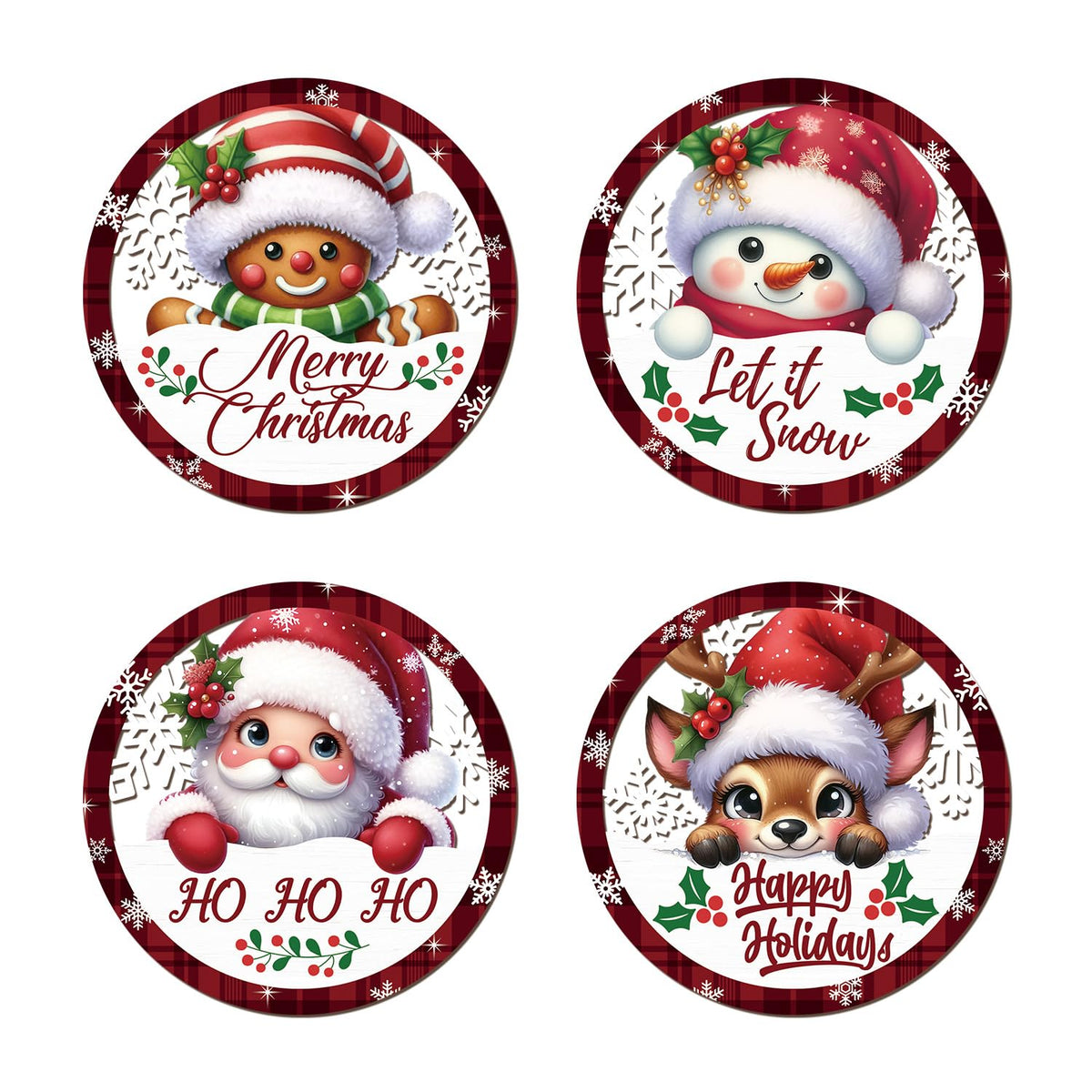 HOURIA 4PCS Christmas Wall Decorations Indoor, Merry Christmas Buffalo Plaid Wooden Hanging Wall Decor,10" Reindeer Gingerbread Man Snowman Sign,Xmas Holidays Wreath Sign for Living Room Bedroom