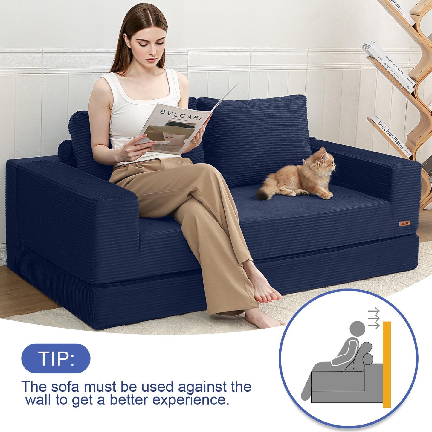COMAX Convertible Sofa Bed Queen, Corduroy Folding Floor Couch Pull Out Couch Bed Futon Sleeper with Pillows, Fold Out Boneless Sofa Comfy Lounge Mattress Loveseat for Living Room Bedroom, Navy
