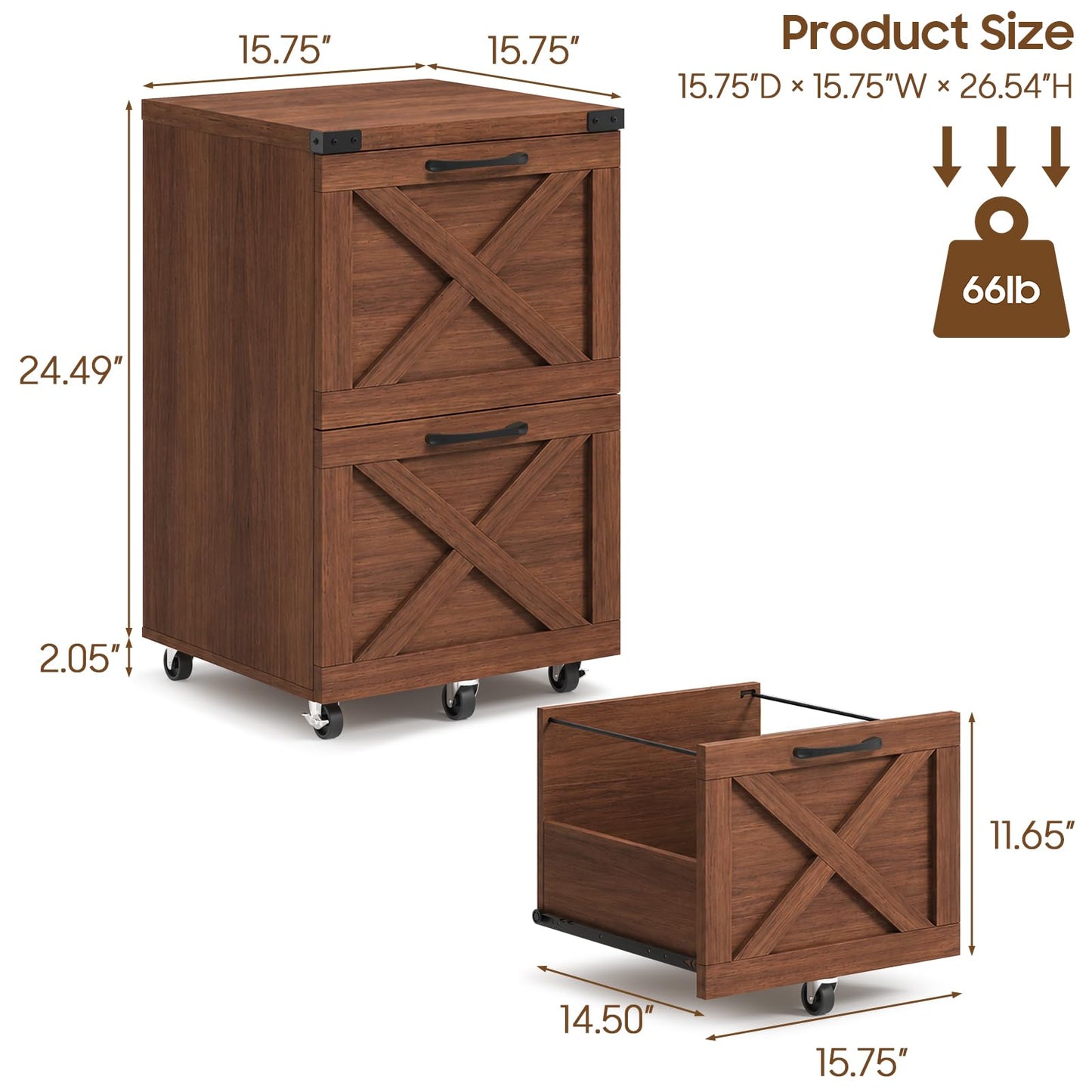 Halitaa 2 Drawer Small File Cabinet with Wheels, Farmhouse Vertical Filing Cabinet Fits A4/Letter Size, Under Desk Rolling File Cabinets for Home Office, Wooden Printer Stand, Walnut