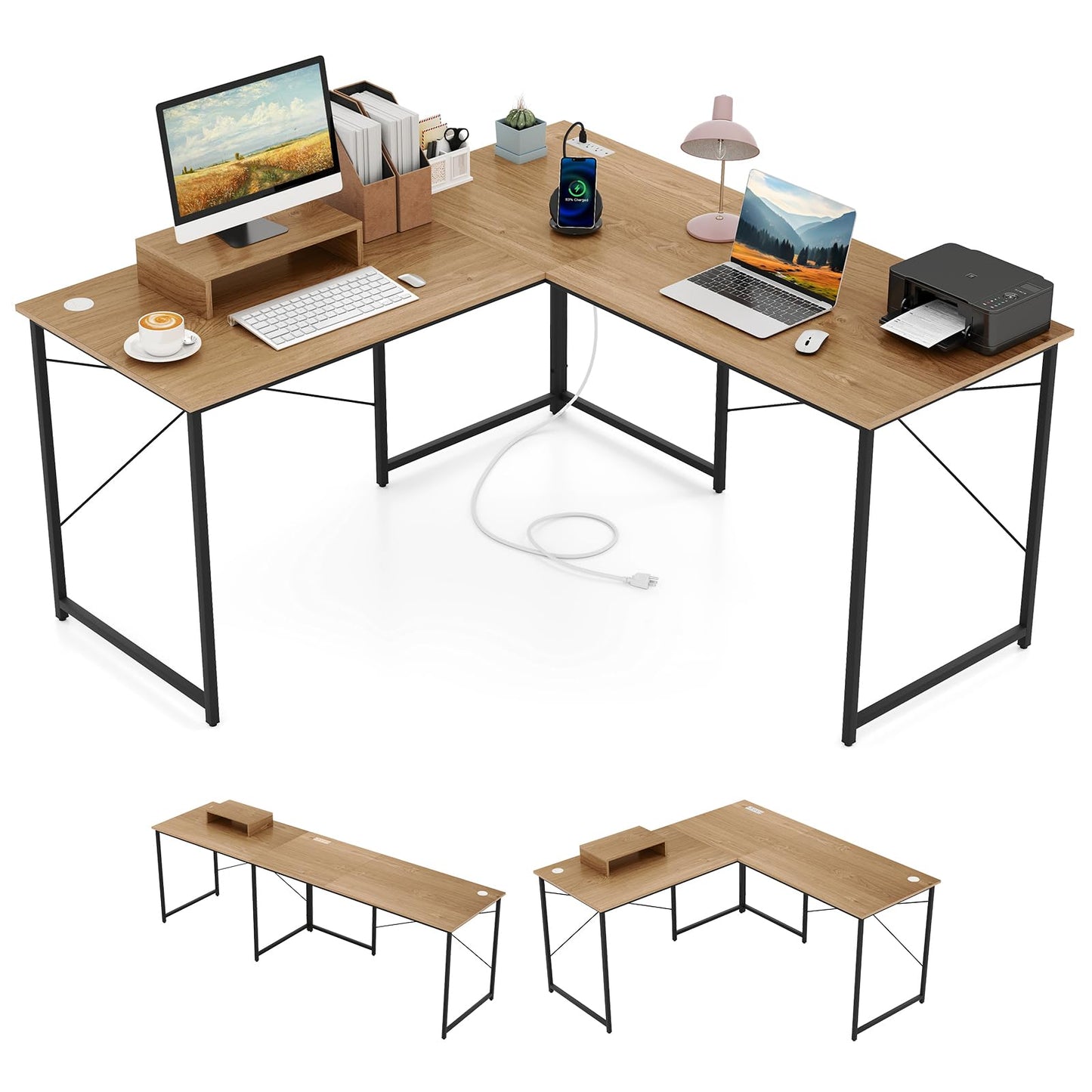Tangkula L-Shaped Computer Desk with Power Outlets, 95” Long 2-Person Desk with Monitor Shelf, Modern Corner Desk Gaming Table with USB Ports for Home Office