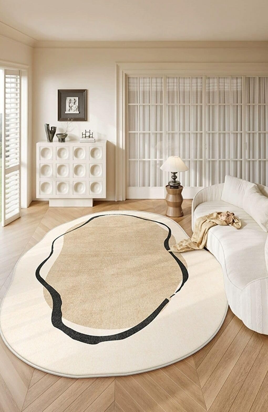 Beige Brown Irregular Shape Rug 5x8 Modern Abstract Black Striped Irregular Rug for Bedroom Diningroom Living Room Washable Odd Shaped Rugs Minimalist Aesthetics Home Office Guestroom Indoor Carpet