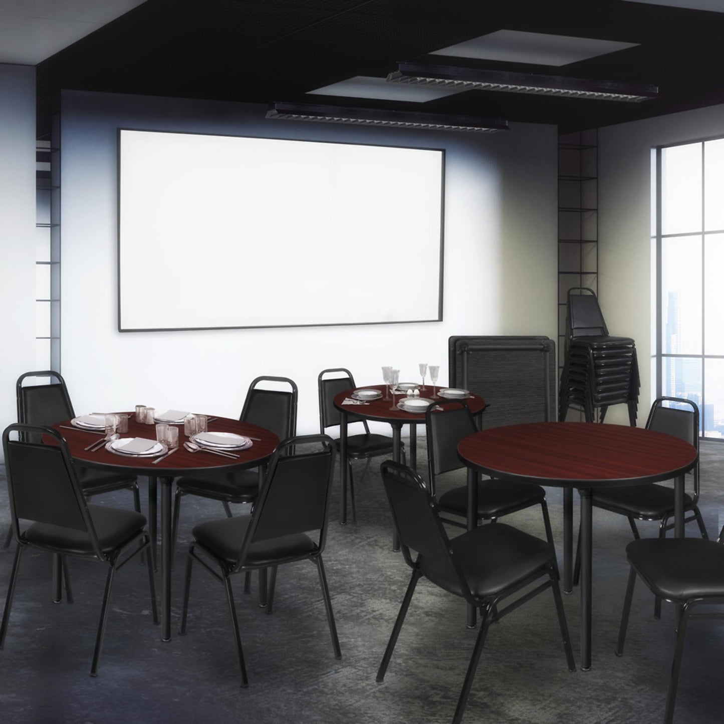 Regency Kee 36 in. Medium Round Breakroom Table- Mahogany Top, Black Folding Legs