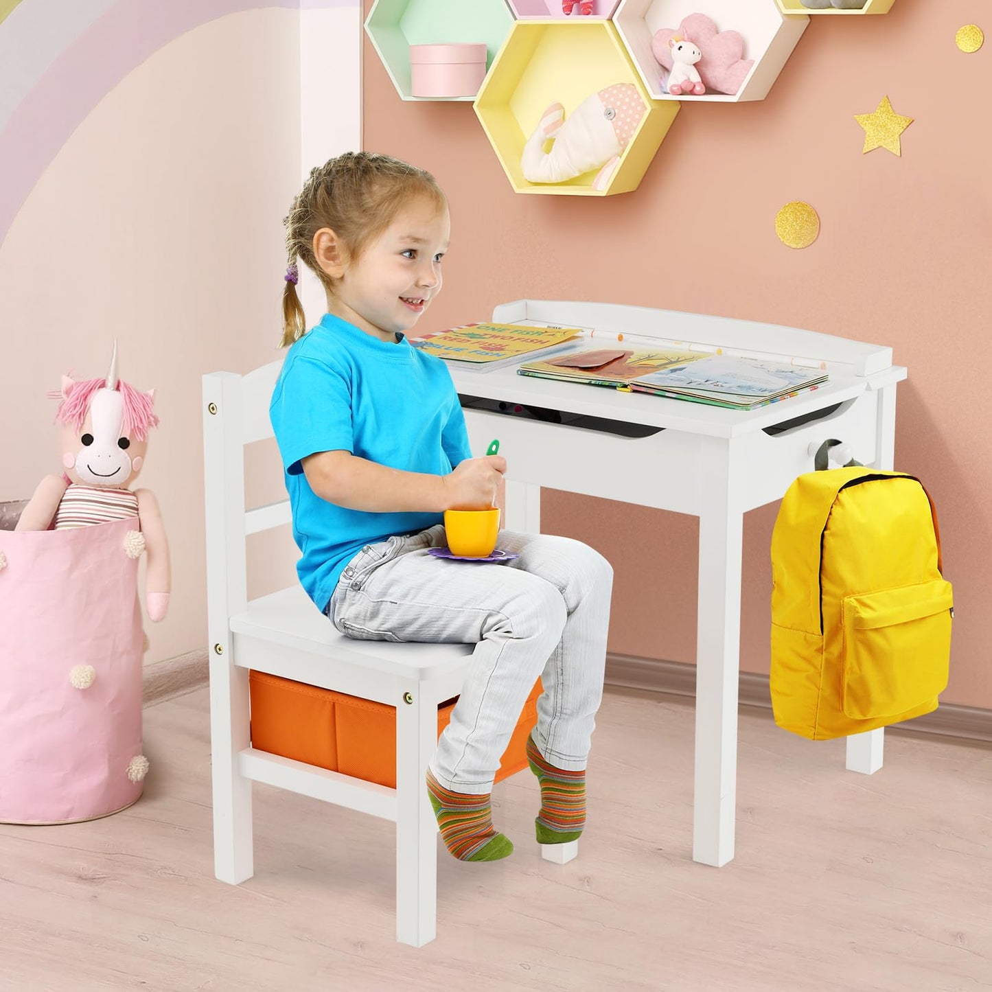 HONEY JOY Kids Table and Chair Set, Wooden Lift-Top Desk & Chair with Storage, Safe Hinged Lid, Activity Table Set for Craft Art, 2-Piece Children Furniture Set for Daycare, Kindergarten(White)