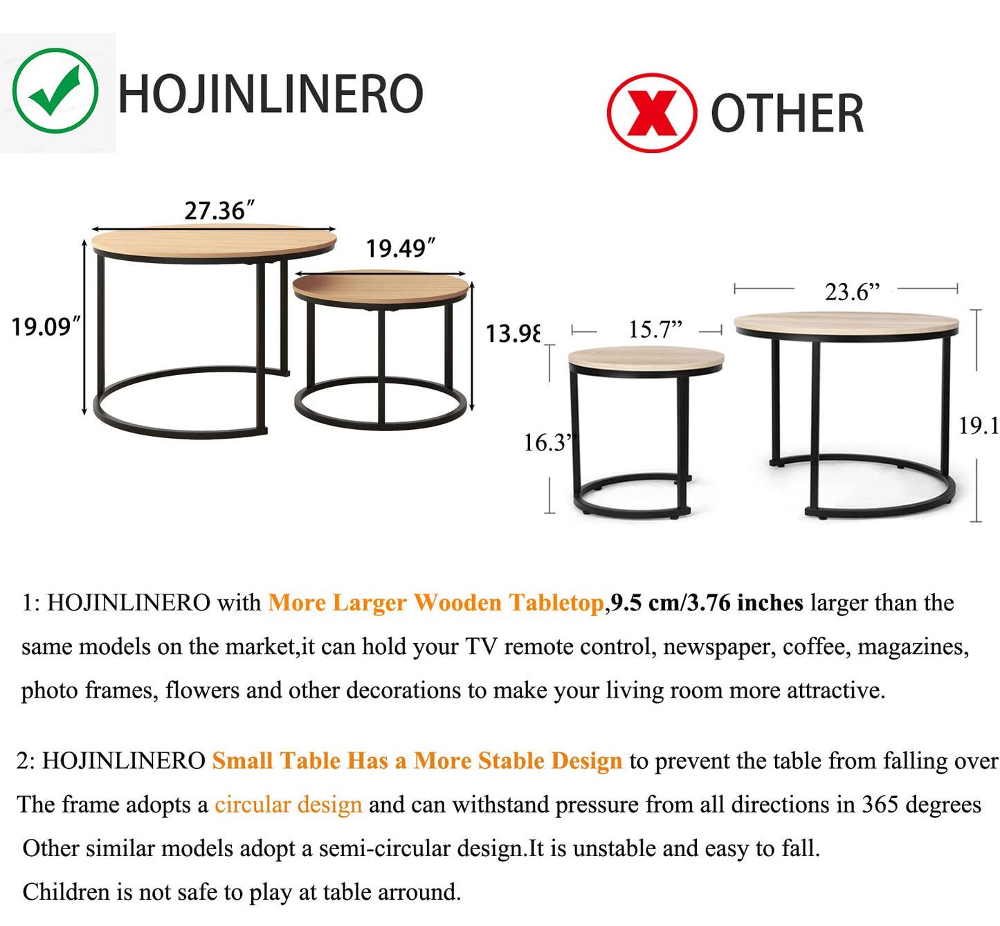 HOJINLINERO Round Coffee Table,Nesting Coffee Table Set of 2,Center Tables for Living Room,Office, Home Small Space,Stacking Side Tables,Sturdy and Easy Assembly,Wood Desktop,Black+Teak OAKDK,Large