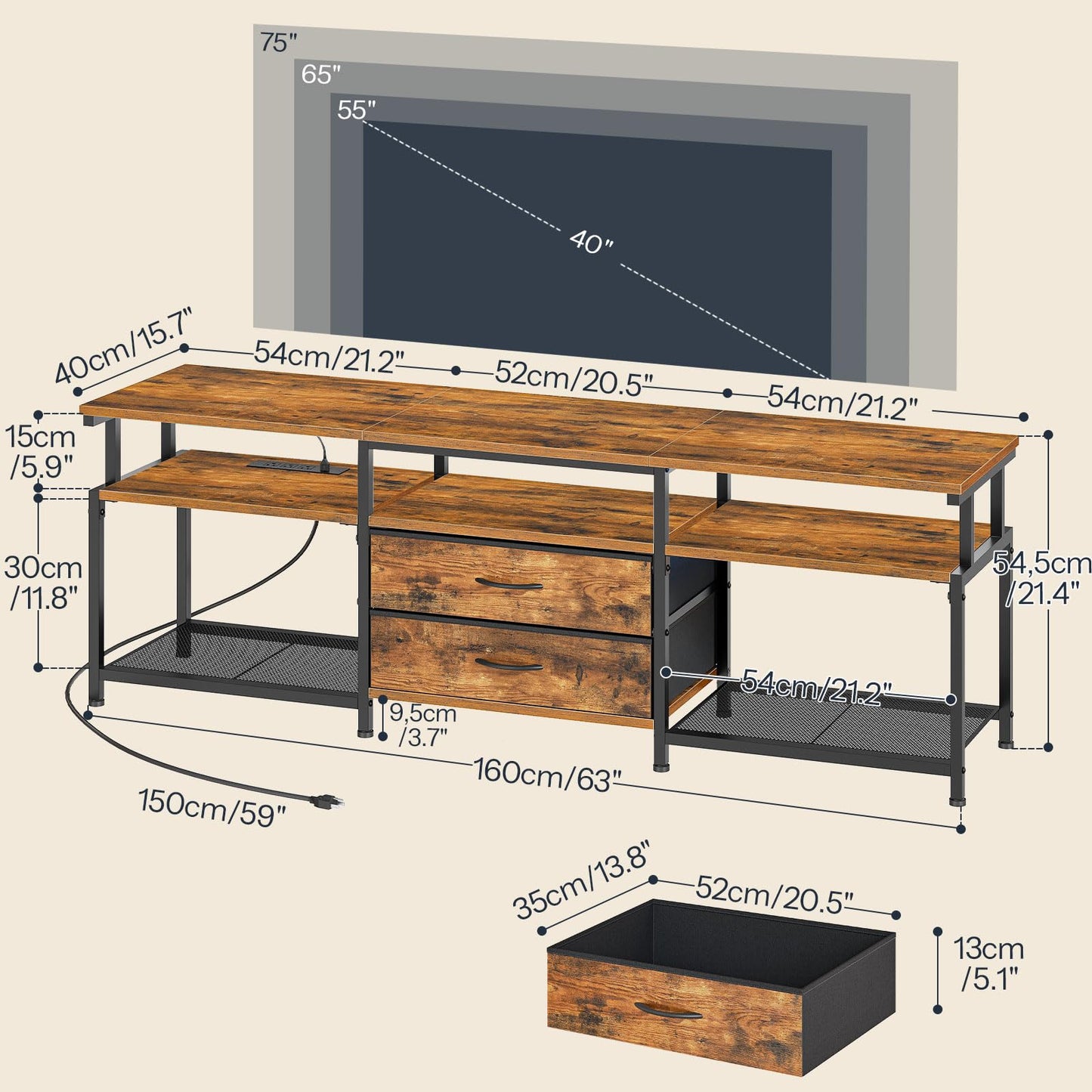 HOOBRO TV Stand with Power Outlet and LED Light, Entertainment Center for TVs Up to 75 Inch, Modern Media Console Table with 2 Non-Woven Drawers, for Living Room, Bedroom, Rustic Brown BF55UDDS01