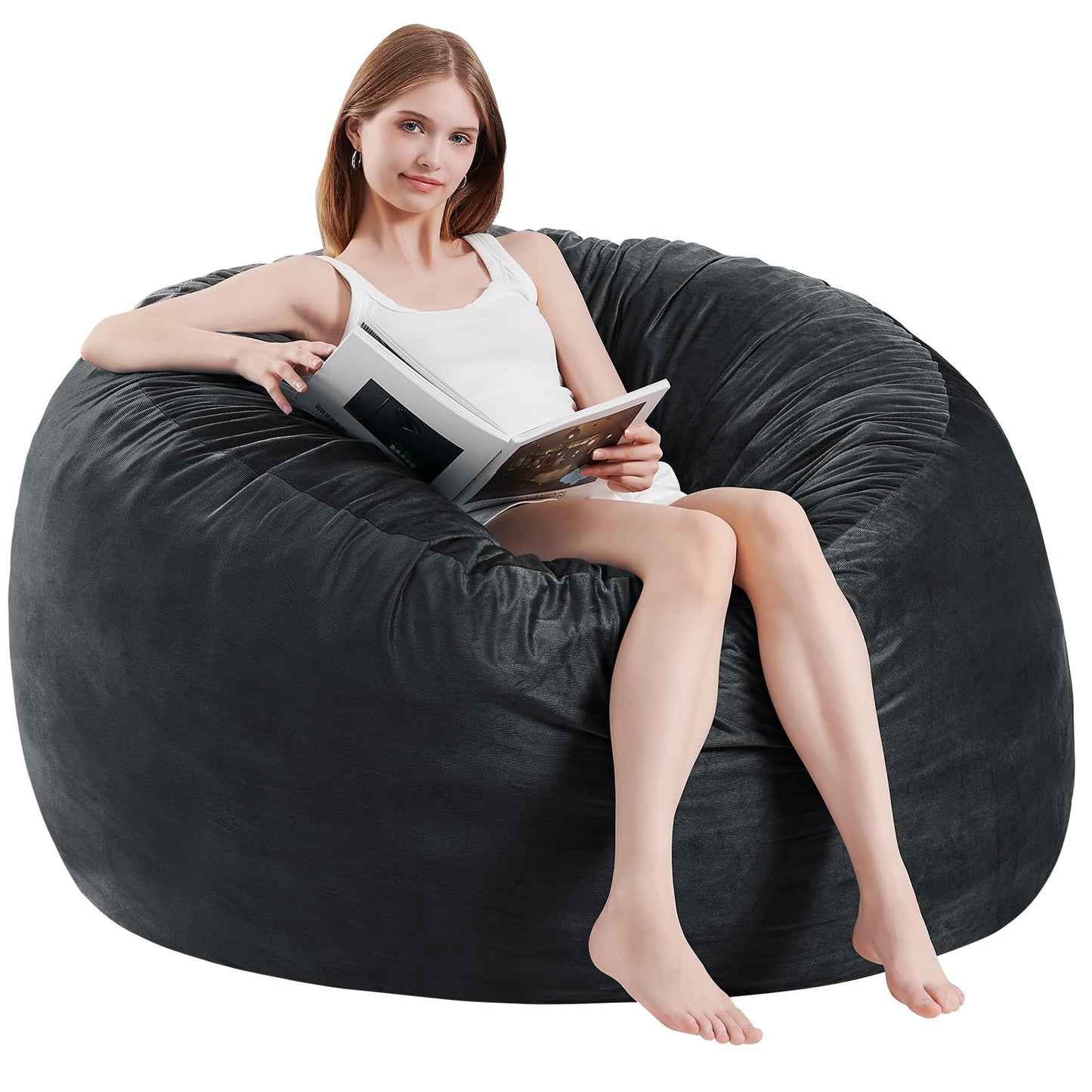 ILPEOD Bean Bag Chairs for Adults - Memory Foam Furniture BeanBag Chair - Kids/Teens Sofa with Soft Micro Fiber Cover - Round Fluffy Couch for Living Room Bedroom College Dorm - 5 ft, Carbon Black