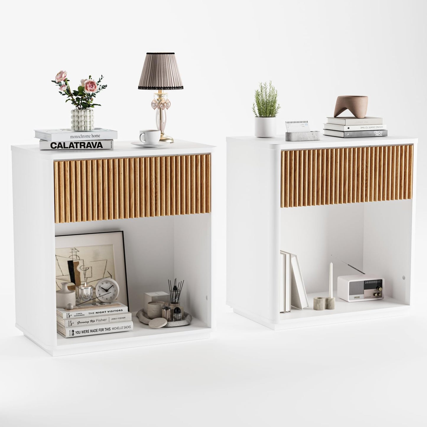Cychuily Modern Fluted Nightstand Set of 2 for Bedroom, Mid Century Bedside Table with Drawer & Open Shelf, Wood End Table, Farmhouse Night Stand for Home, Hallway, Office, White