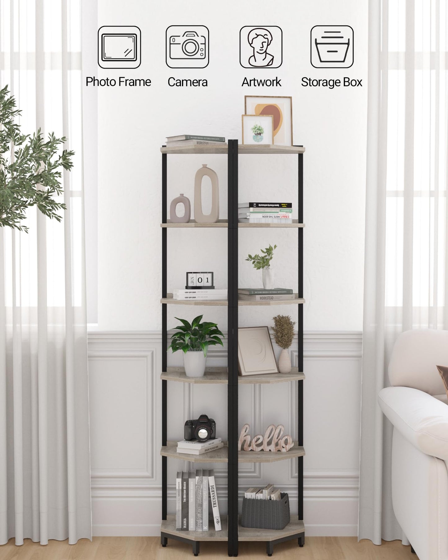 Hzuaneri Corner Shelf Stand, Corner Bookshelf, Storage Standing Shelf Unit with Metal Frame, Plant Stand, Bookcase for Living Room, Home Office, Bedroom, 6-Tier Greige CS06005B