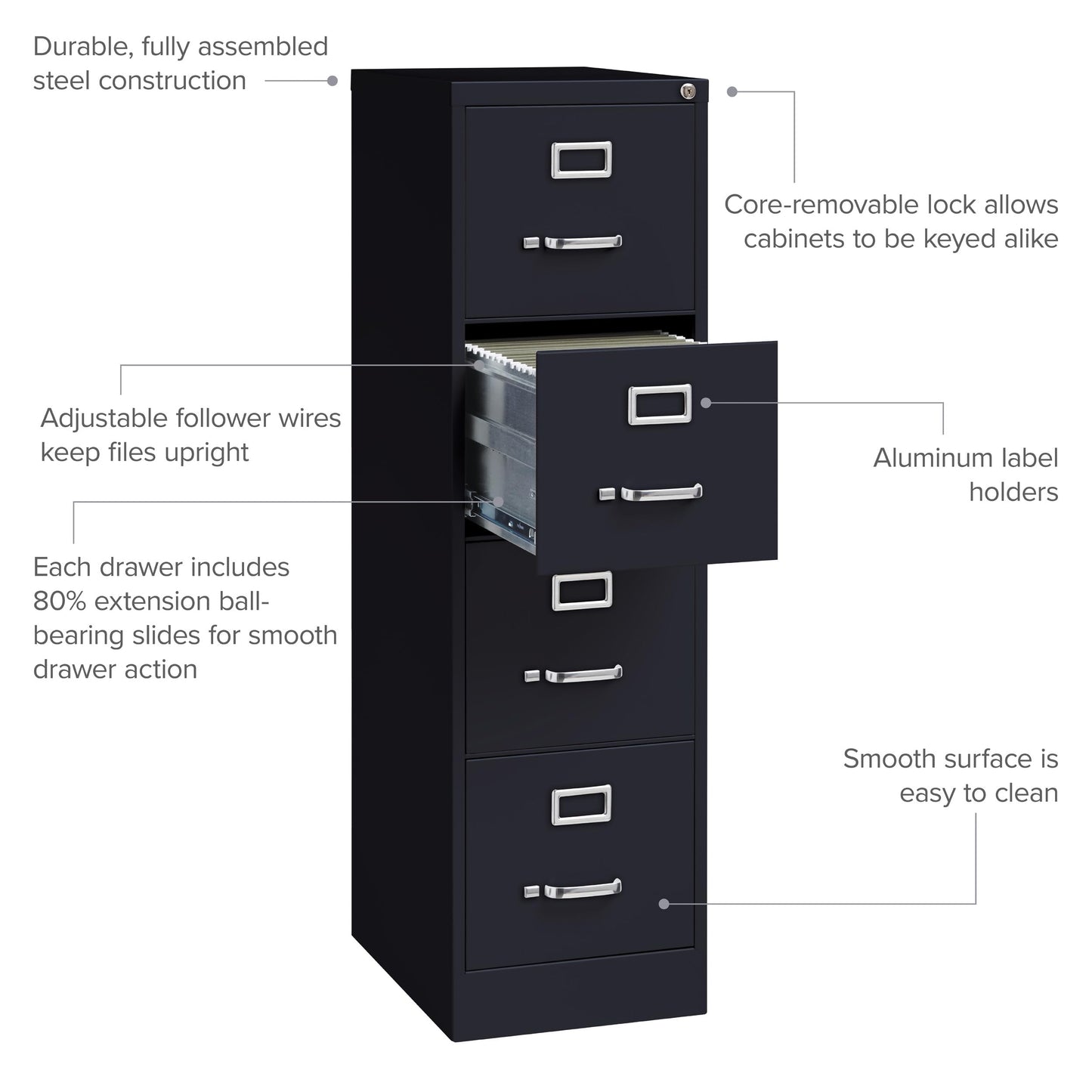 Hirsh 22" Deep 4 Drawer Letter Width Fully Assembled Steel Vertical File Cabinet, Commercial Grade Heavy-Duty, Locking, Black