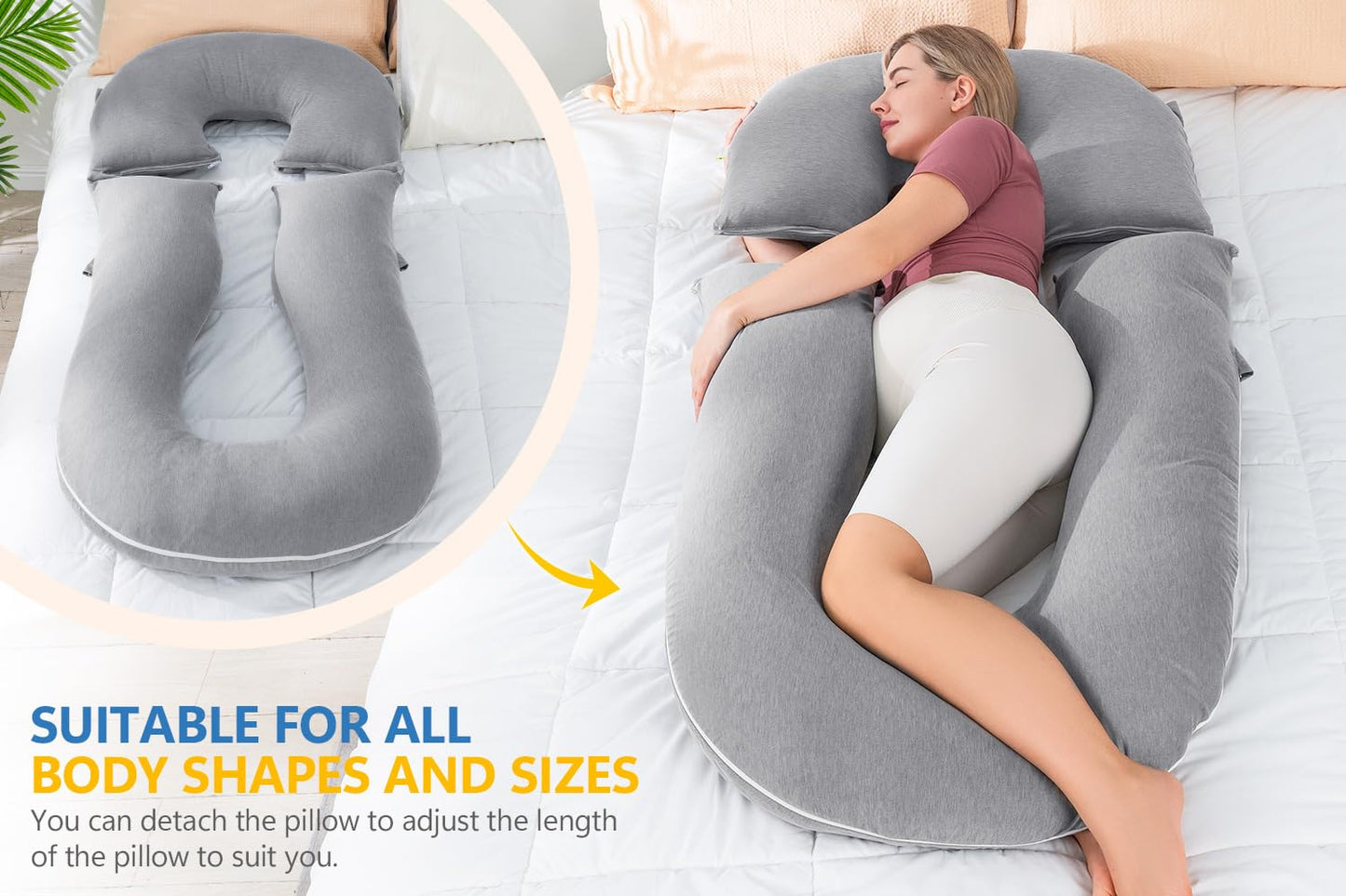 INSEN Pregnancy Pillows, Detachable Body Pillow for Sleeping, Nurse & Relax, Multi-Use Pregnancy Pillows for Pregnant Women, Cooling Tencel-Grey