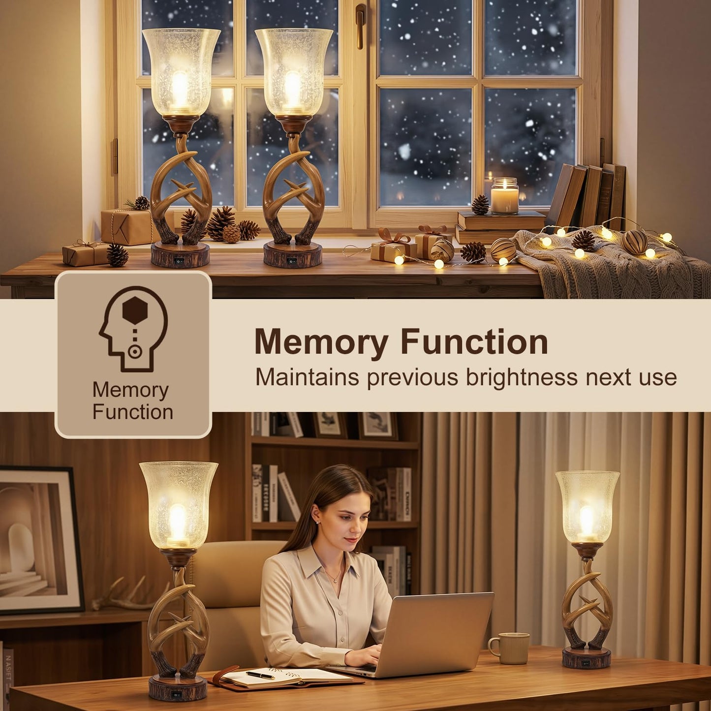 Scenekoy Antler Table Uplight Lamp Set of 2 for Living Room Bedroom, 20.5” Resin Memory Function Bedside Lamps with Glass Shade, Rustic Nightstand Lamp with USB Ports for Home Decor (Bulb Included)