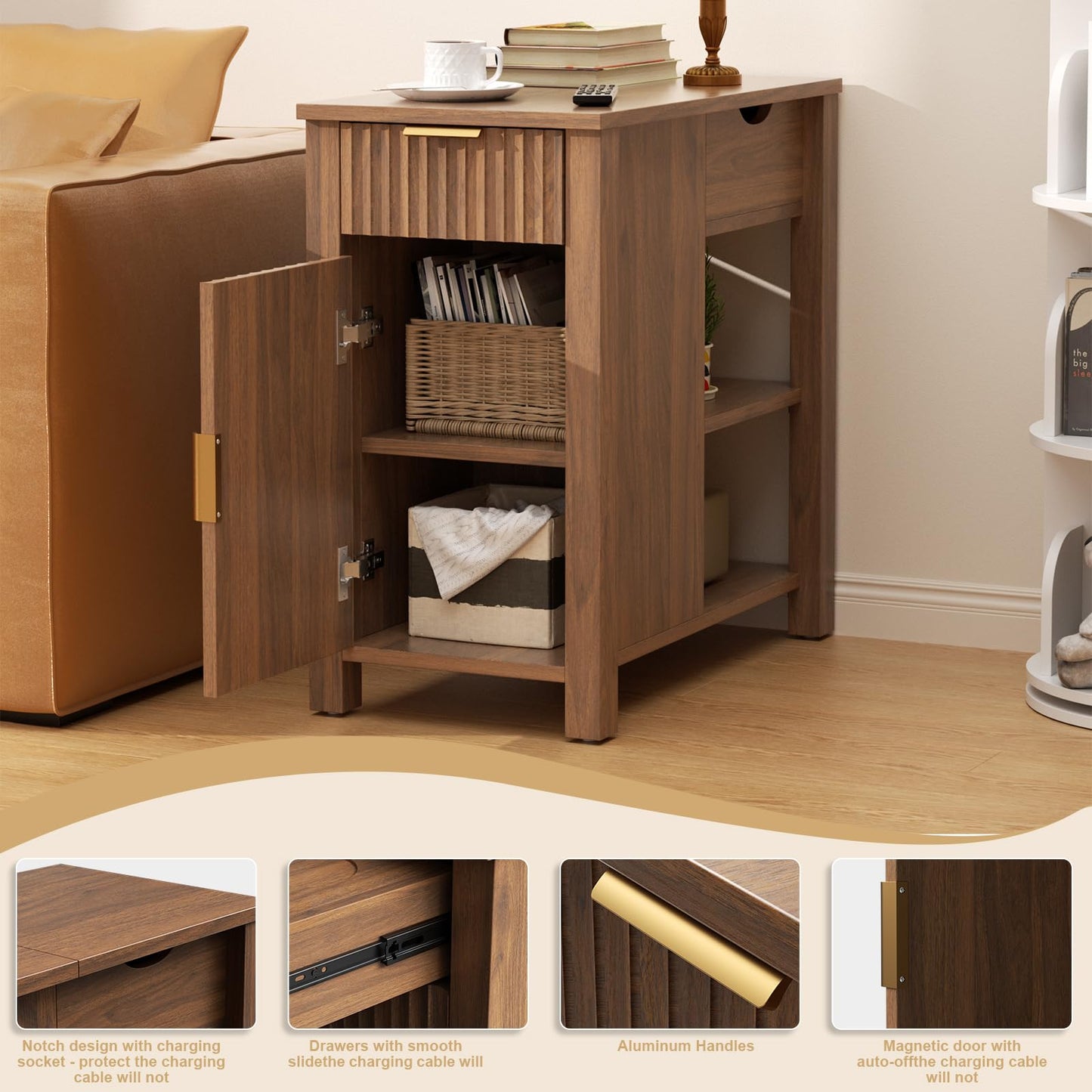 HSSZXFR End Table with Charging Station 24'' Nightstand with Charging Station Vintage Side Table with Storage Wooden Sofa Side Table and Outlets Bedside Table for Living Room Office Bedroom (Brown)