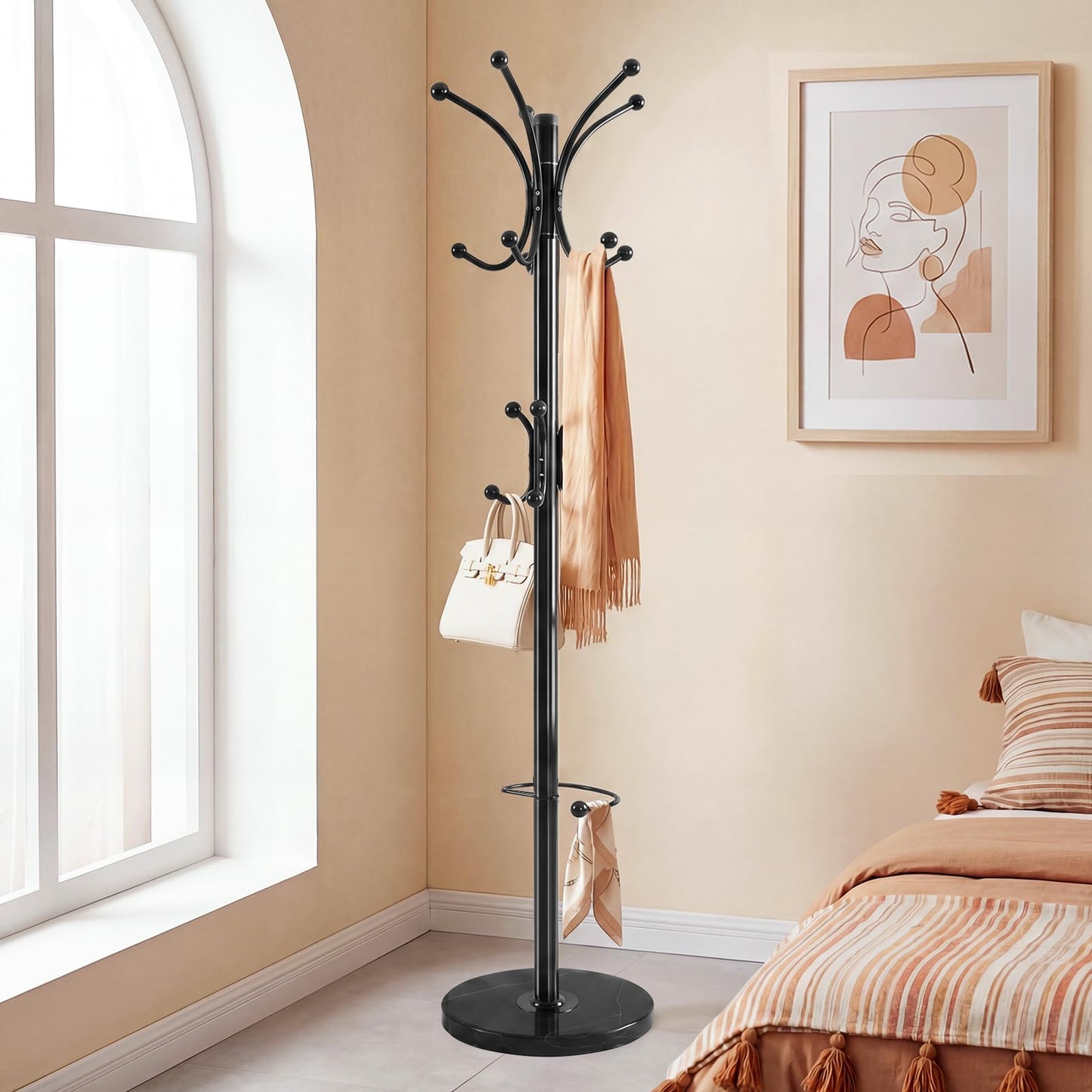 DongRong Metal Coat Rack Freestanding with Natural Marble Base, 360° Roraty Coat Rack Stand with 16 Hooks & Umbrella Holder, Black Heavy Duty Coat Rack for Coats Hats for Entryway Bedroom (Black)