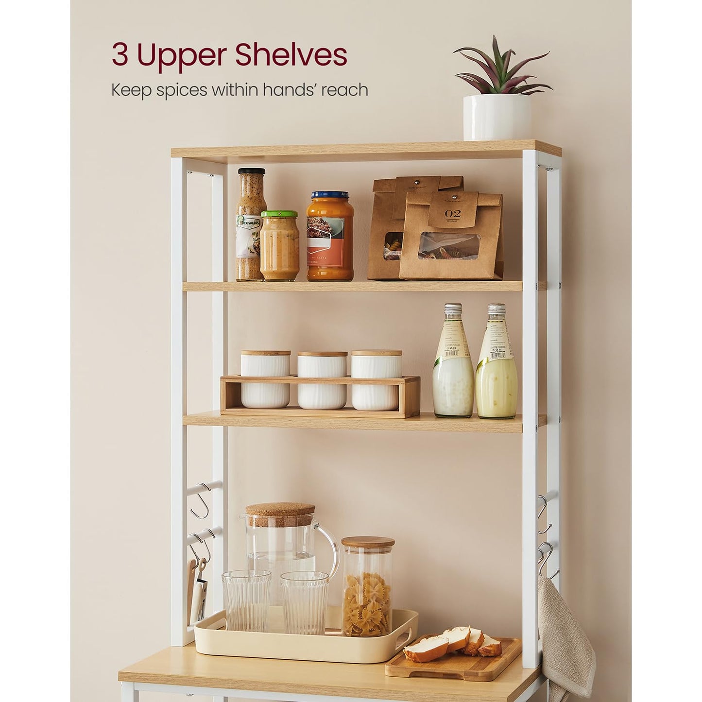 VASAGLE Coffee Bar, 23.6 Inches Baker's Rack for Kitchen with Storage, 6-Tier Kitchen Shelves with 6 Hooks, Microwave Stand, Modern, Golden Oak and Cloud White UKKS024W09