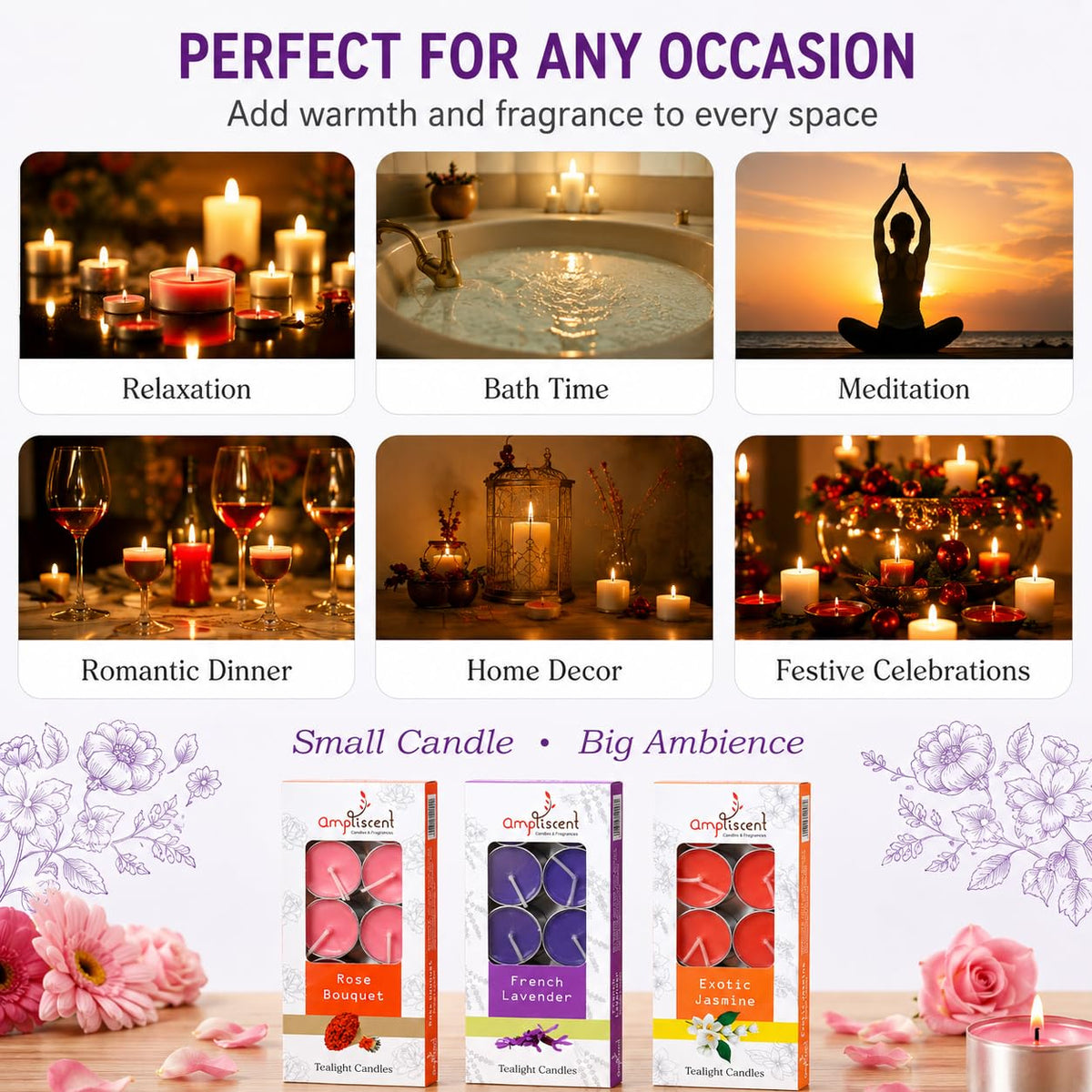 Ampliscent TeaLights Candles I Rose + French Lavender + Jasmine I Pack of 3-30 Premium Tealights I Long-Lasting Aroma | Scented Wax Tealights for Home Decor, Meditation, Christmas & Holiday Gifts